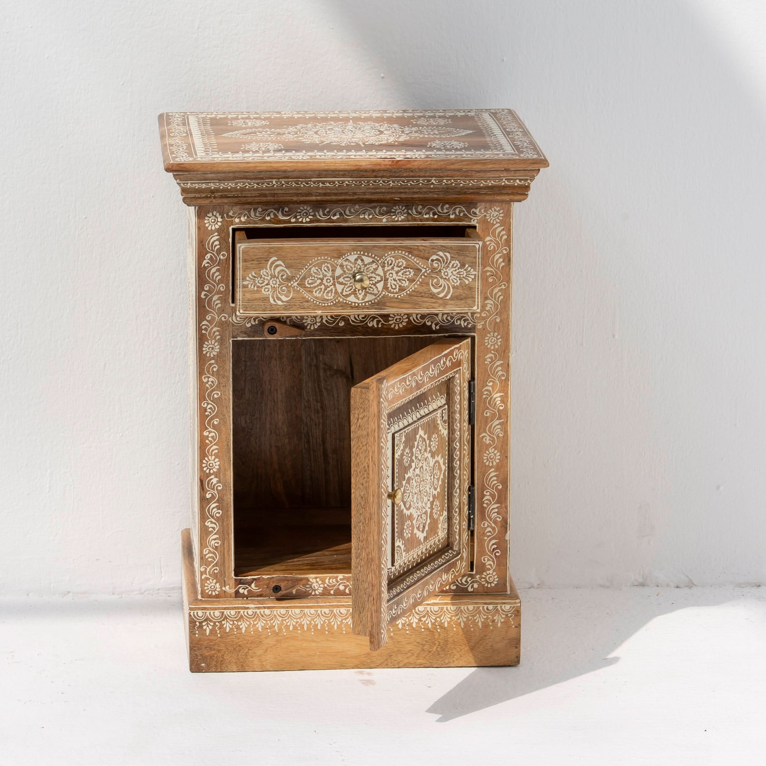 Hand painted Mango Wood Bed Side table - Art and craft furniture
