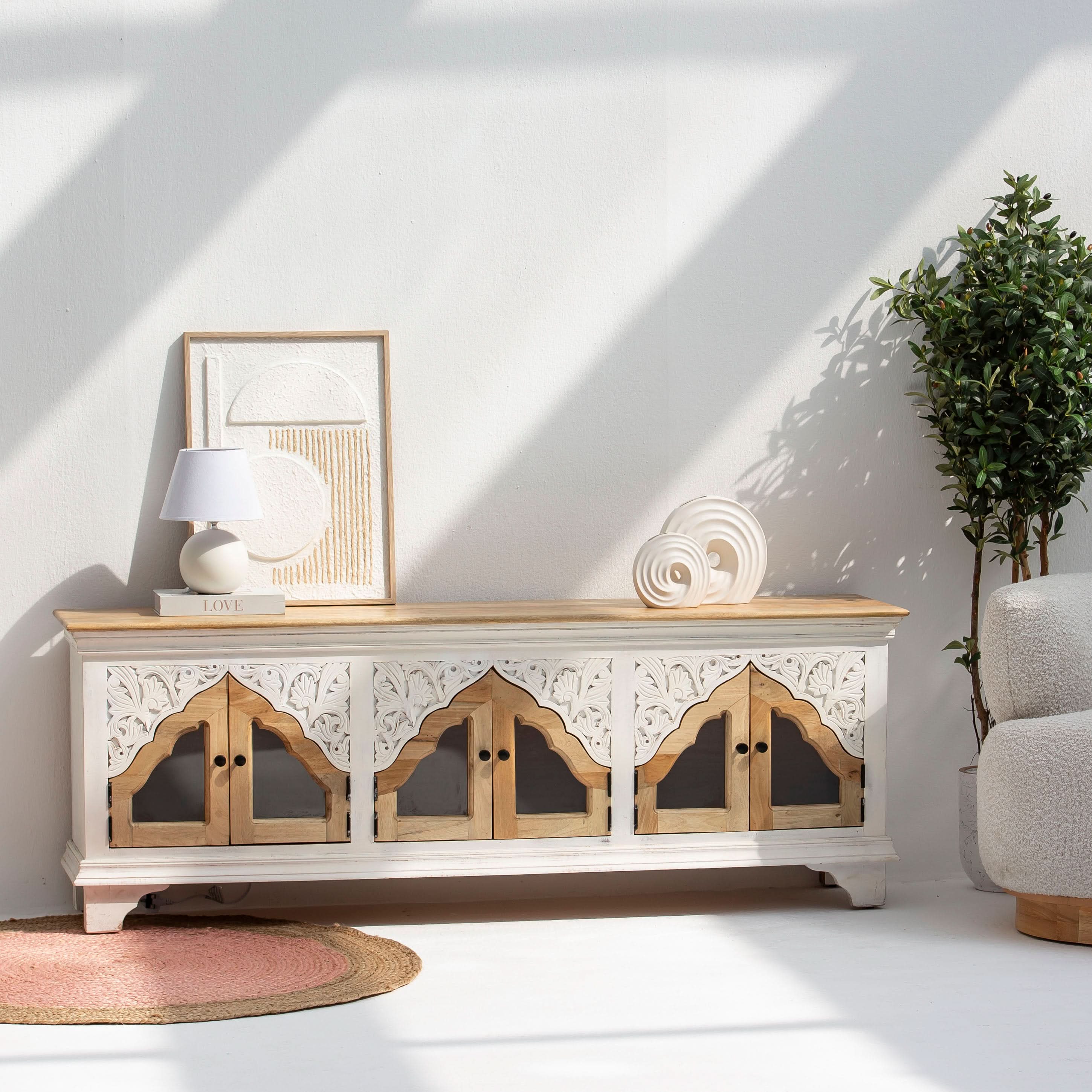 HAVELI WOODEN GLASS CARVING TV STAND - Art and craft furniture