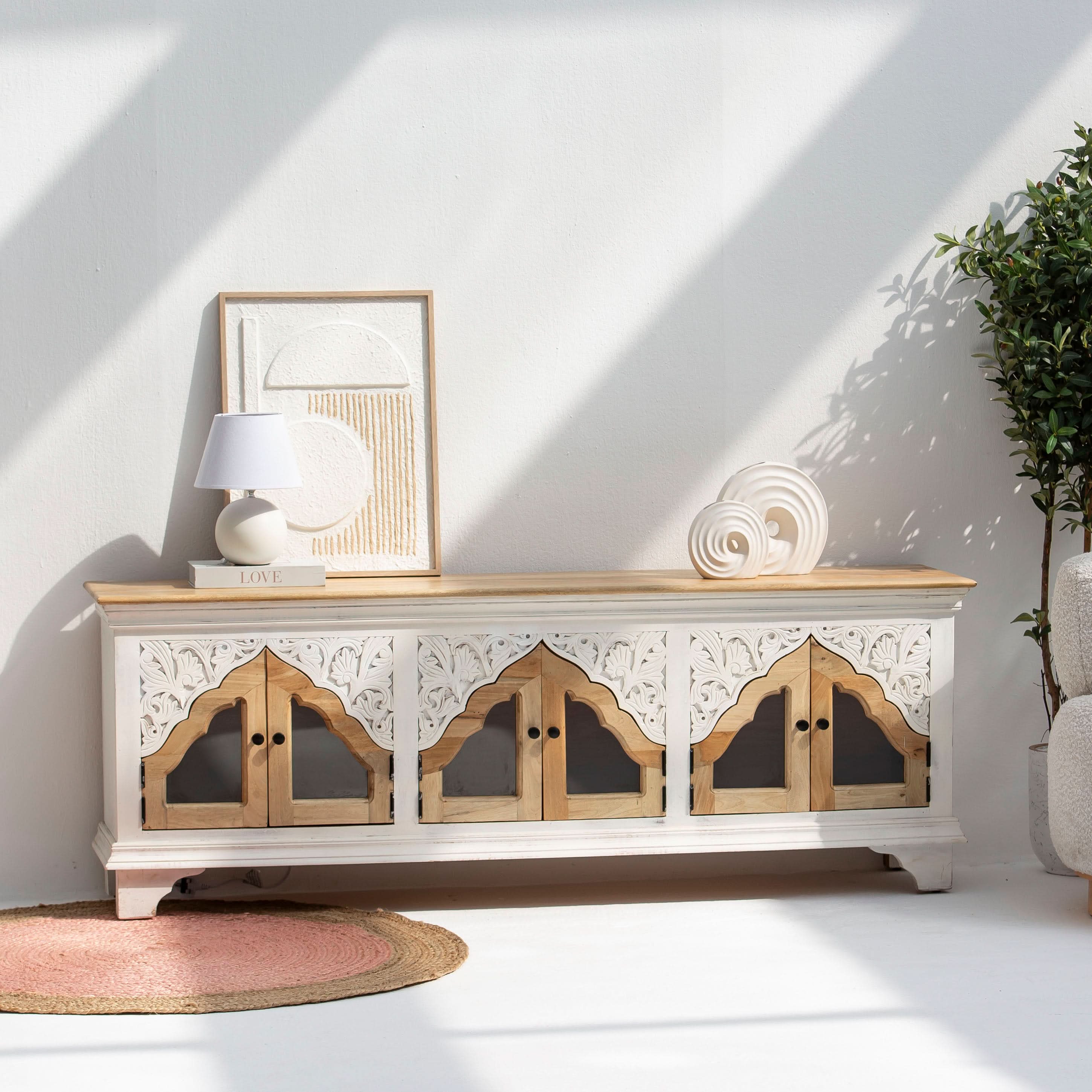 HAVELI WOODEN GLASS CARVING TV STAND - Art and craft furniture