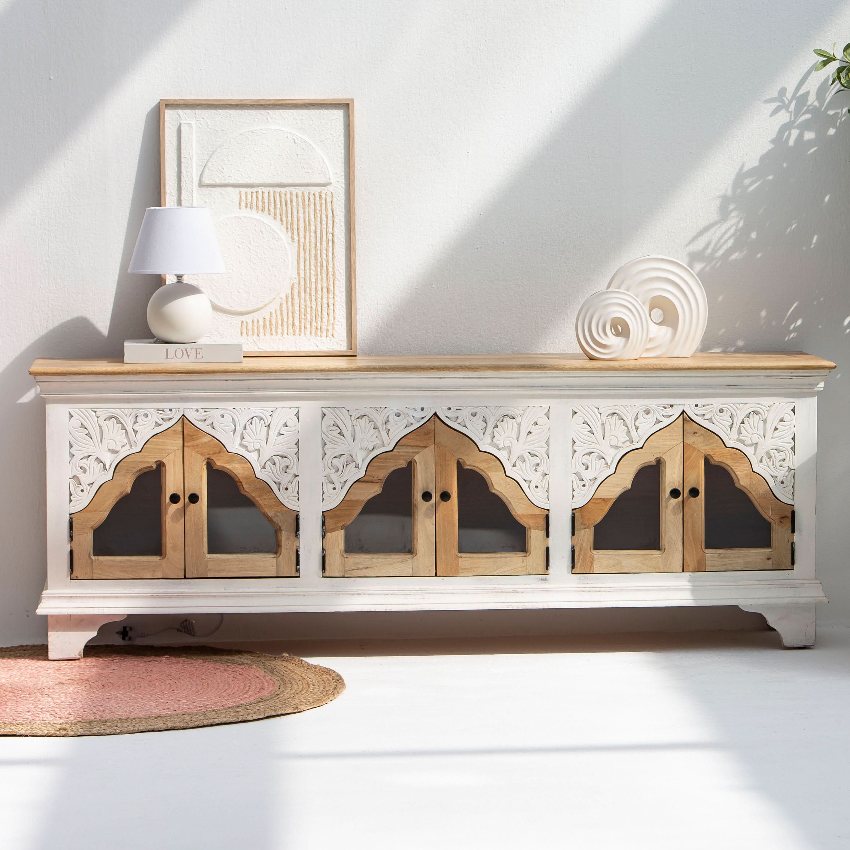 HAVELI WOODEN GLASS CARVING TV STAND - Art and craft furniture