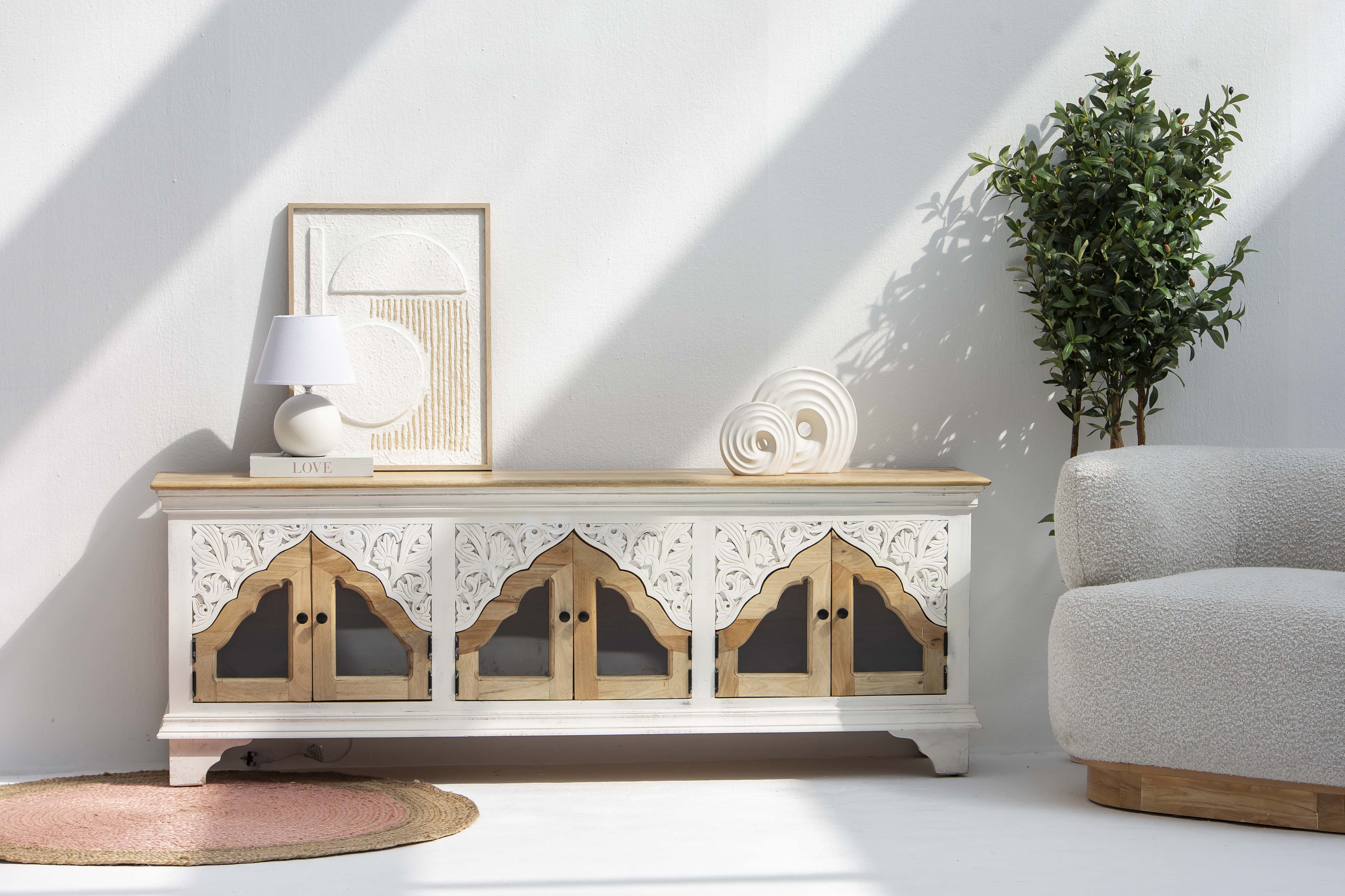 HAVELI WOODEN GLASS CARVING TV STAND - Art and craft furniture