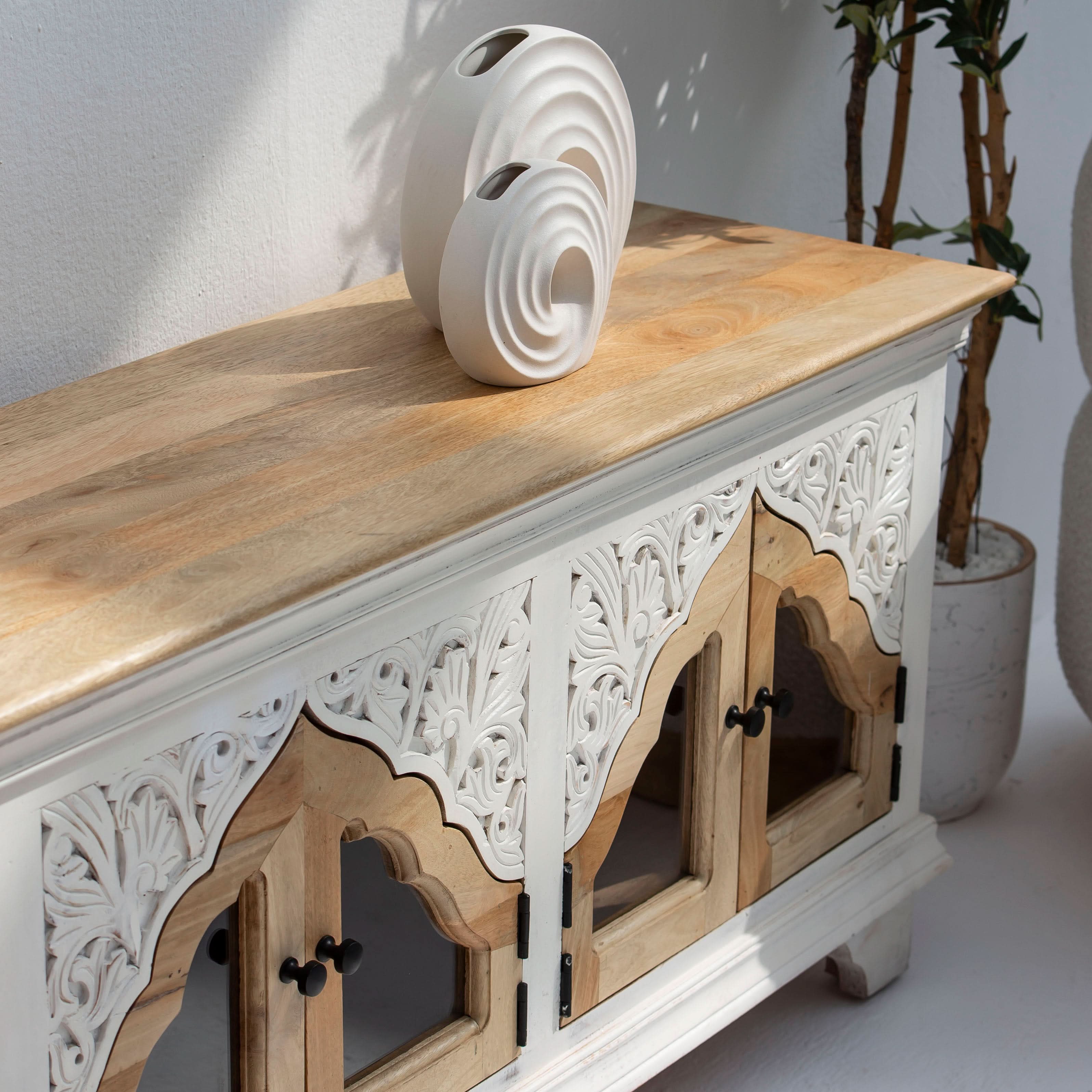 HAVELI WOODEN GLASS CARVING TV STAND - Art and craft furniture
