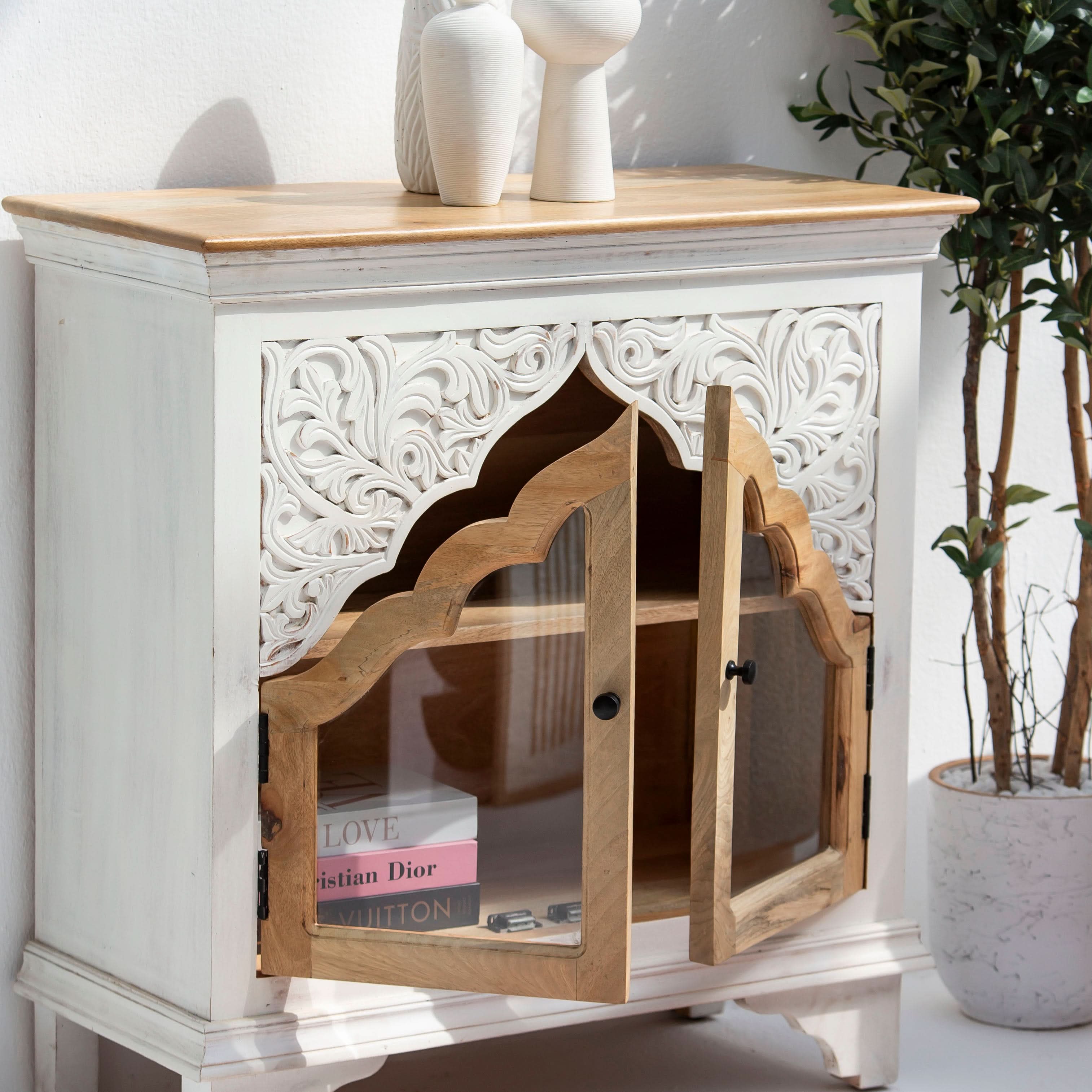 HAVELI WOODEN TWO GLASS DOOR CARVING SIDEBOARD - Art and craft furniture