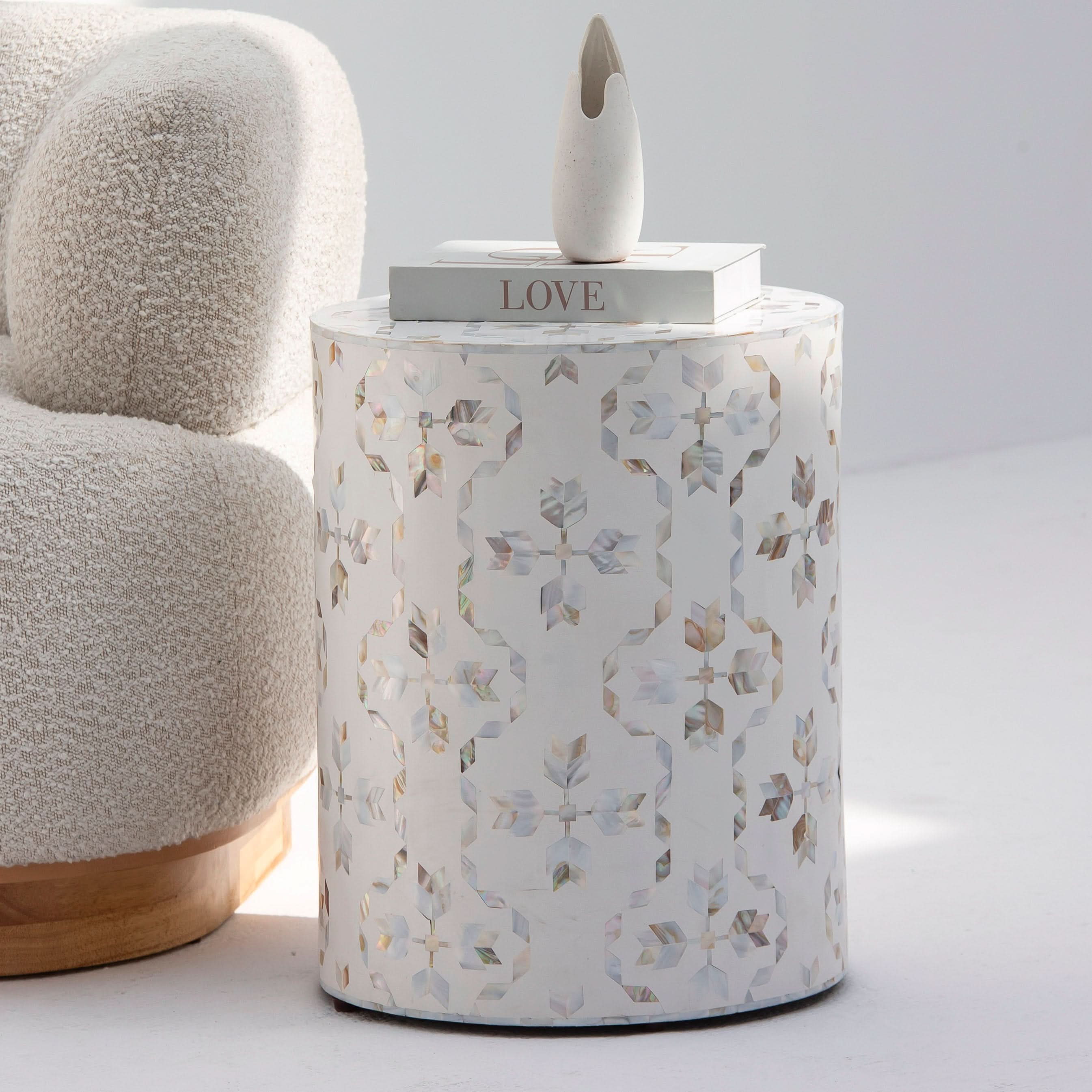 GEOMETRIC-WHITE MOTHER OF PEARL ROUND STOOL - Art and craft furniture