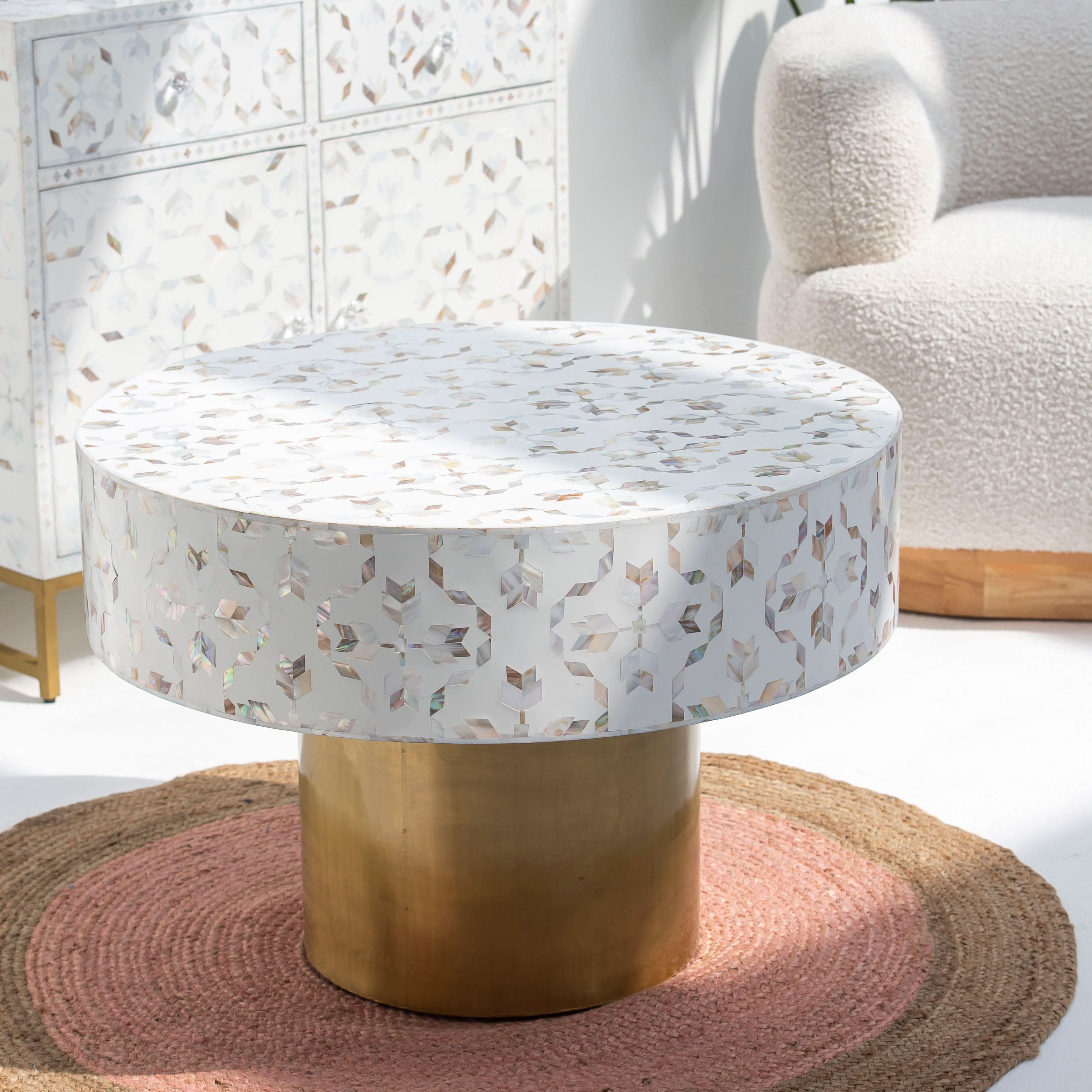GEOMETRIC WHITE MOTHER OF PEARL ROUND COFFEE TABLE - Art and craft furniture