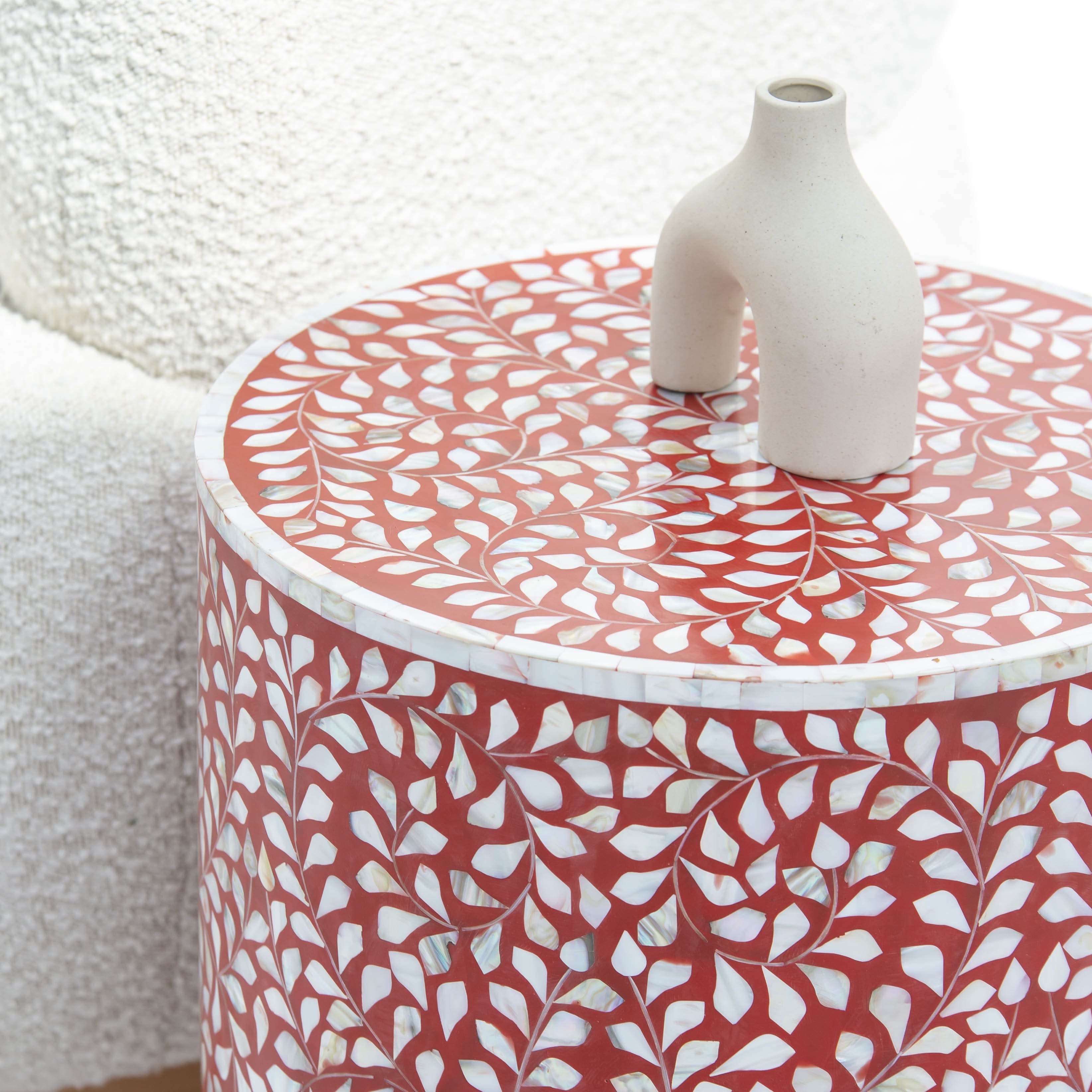 OCEAN-RED MOTHER OF PEARL ROUND SIDE TABLE - Art and craft furniture