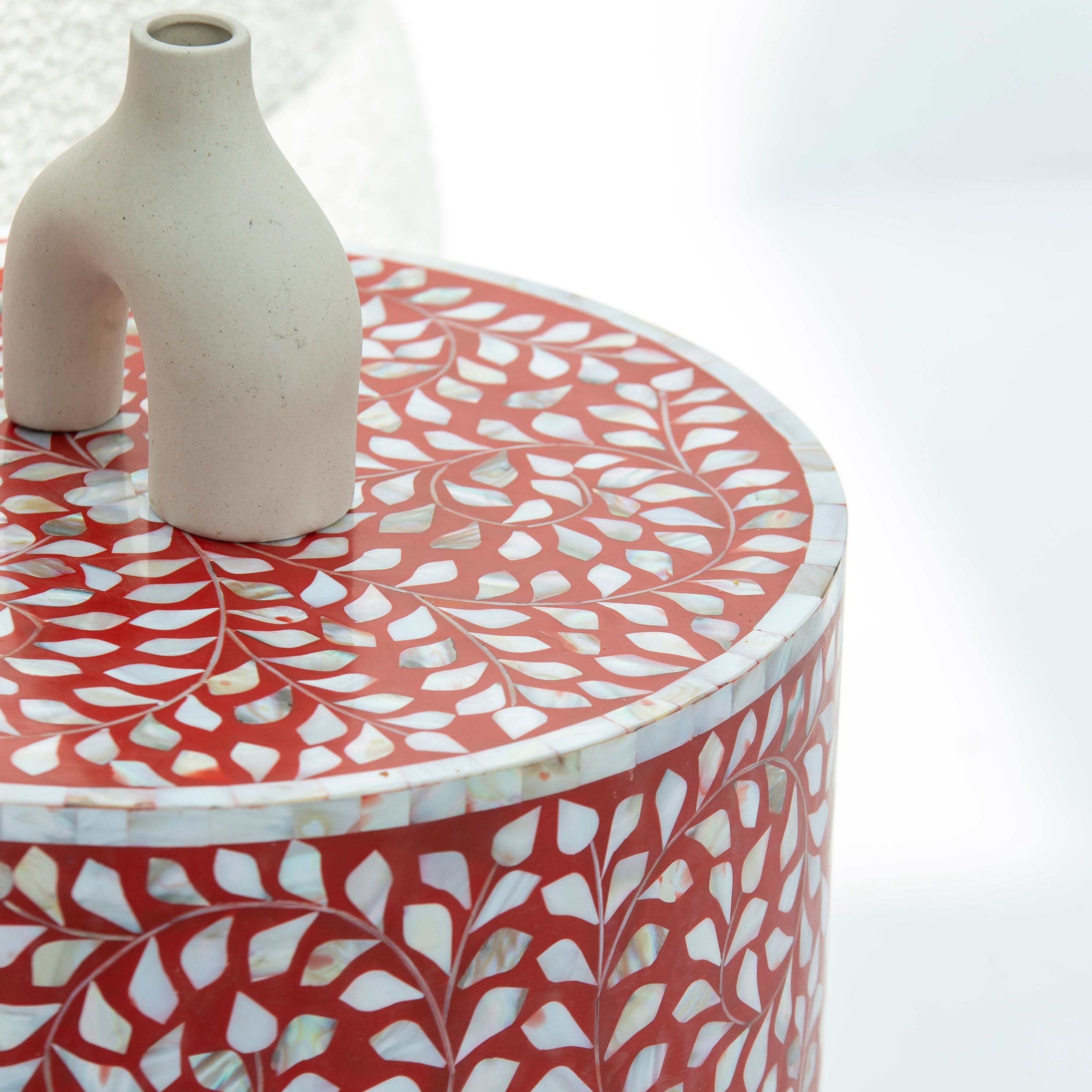 OCEAN-RED MOTHER OF PEARL ROUND SIDE TABLE - Art and craft furniture