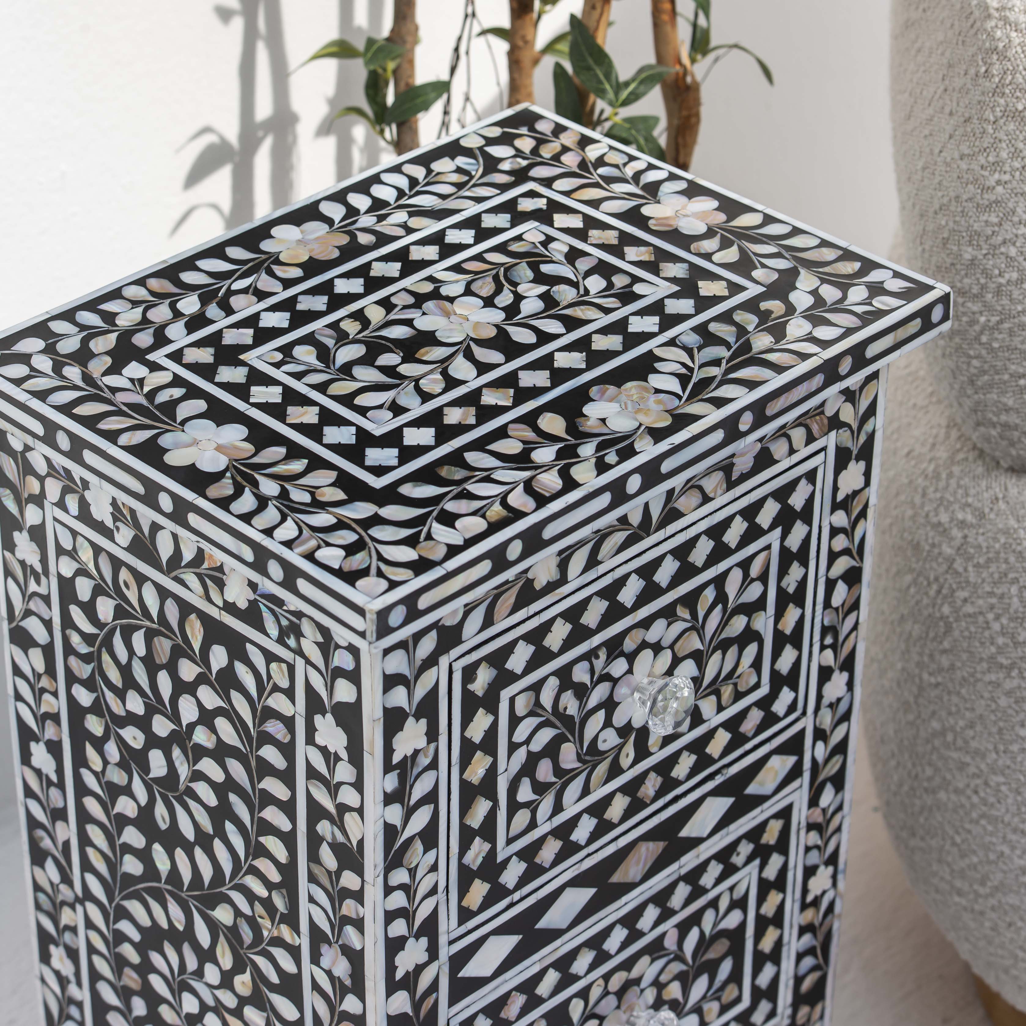OCEAN-BLACK MOTHER OF PEARL TWO DRAWER BEDSIDE TABLE - Art and craft furniture