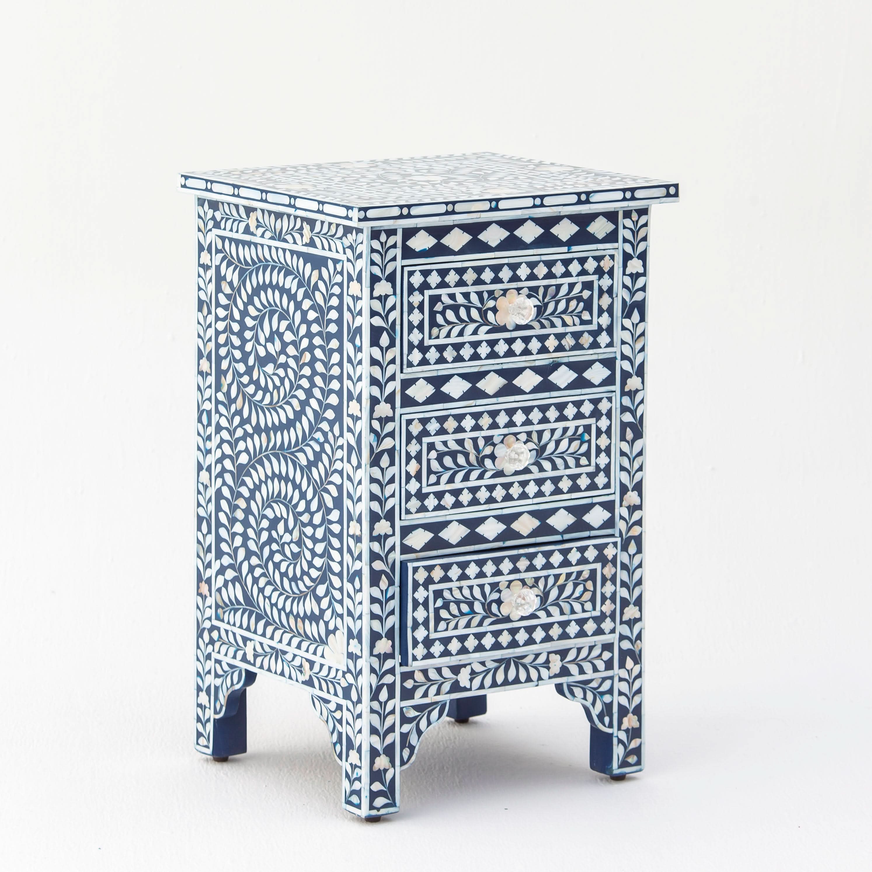 OCEAN-BLUE MOTHER OF PEARL THREE DRAWER BEDSIDE TABLE - Art and craft furniture