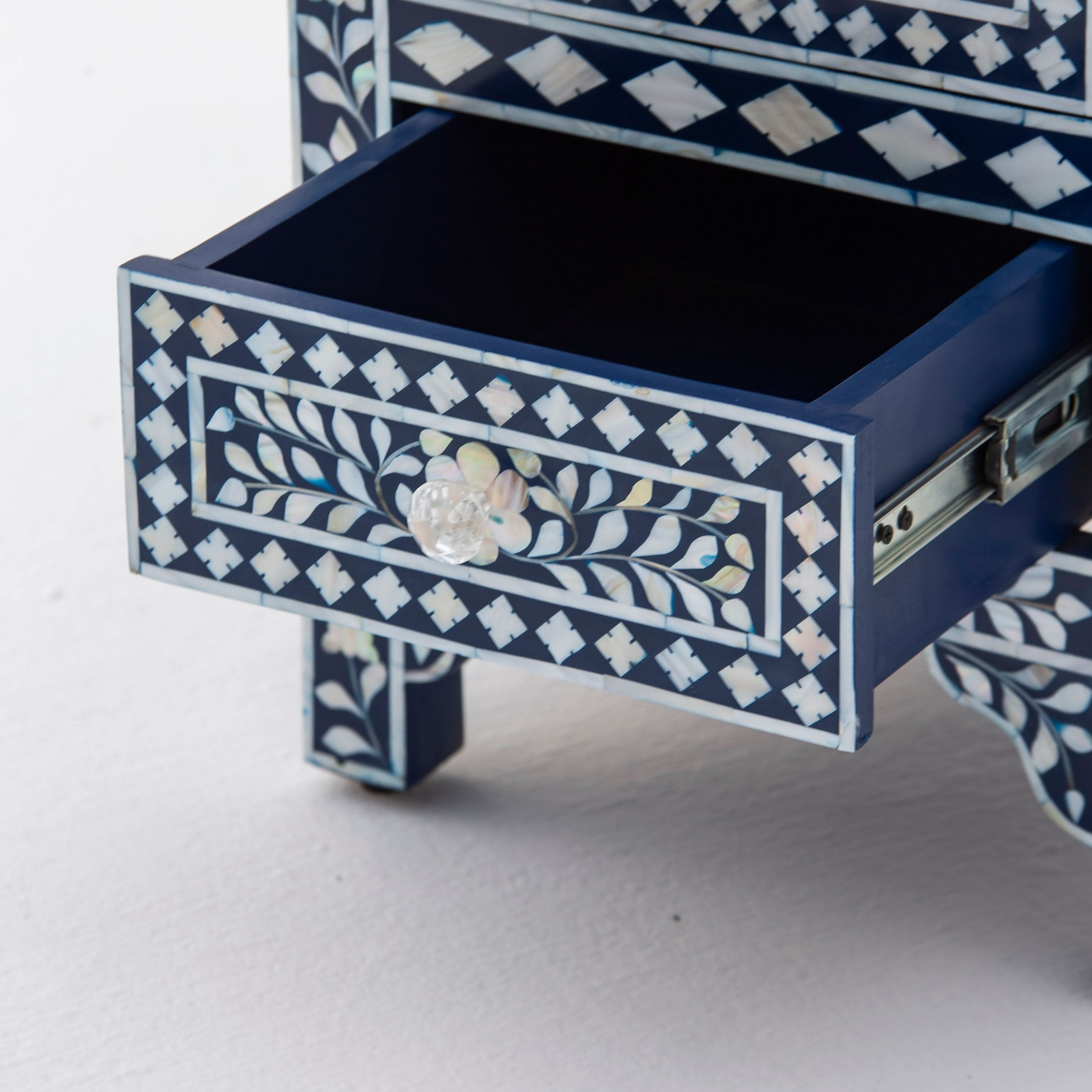OCEAN-BLUE MOTHER OF PEARL THREE DRAWER BEDSIDE TABLE - Art and craft furniture