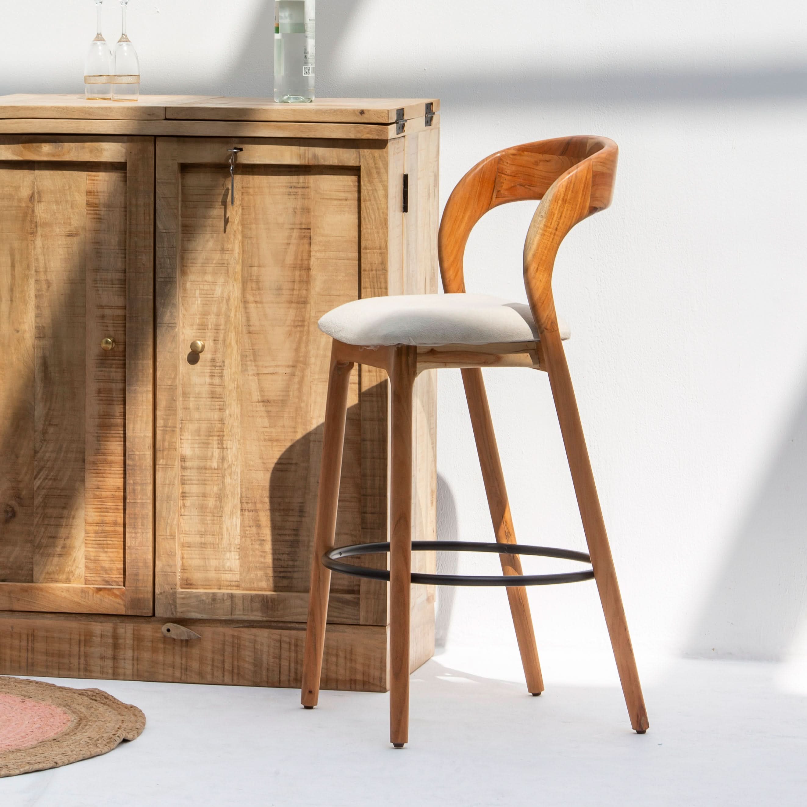 MINIMALIST ACACIA WOOD WITH FABRIC BAR STOOL - Art and craft furniture