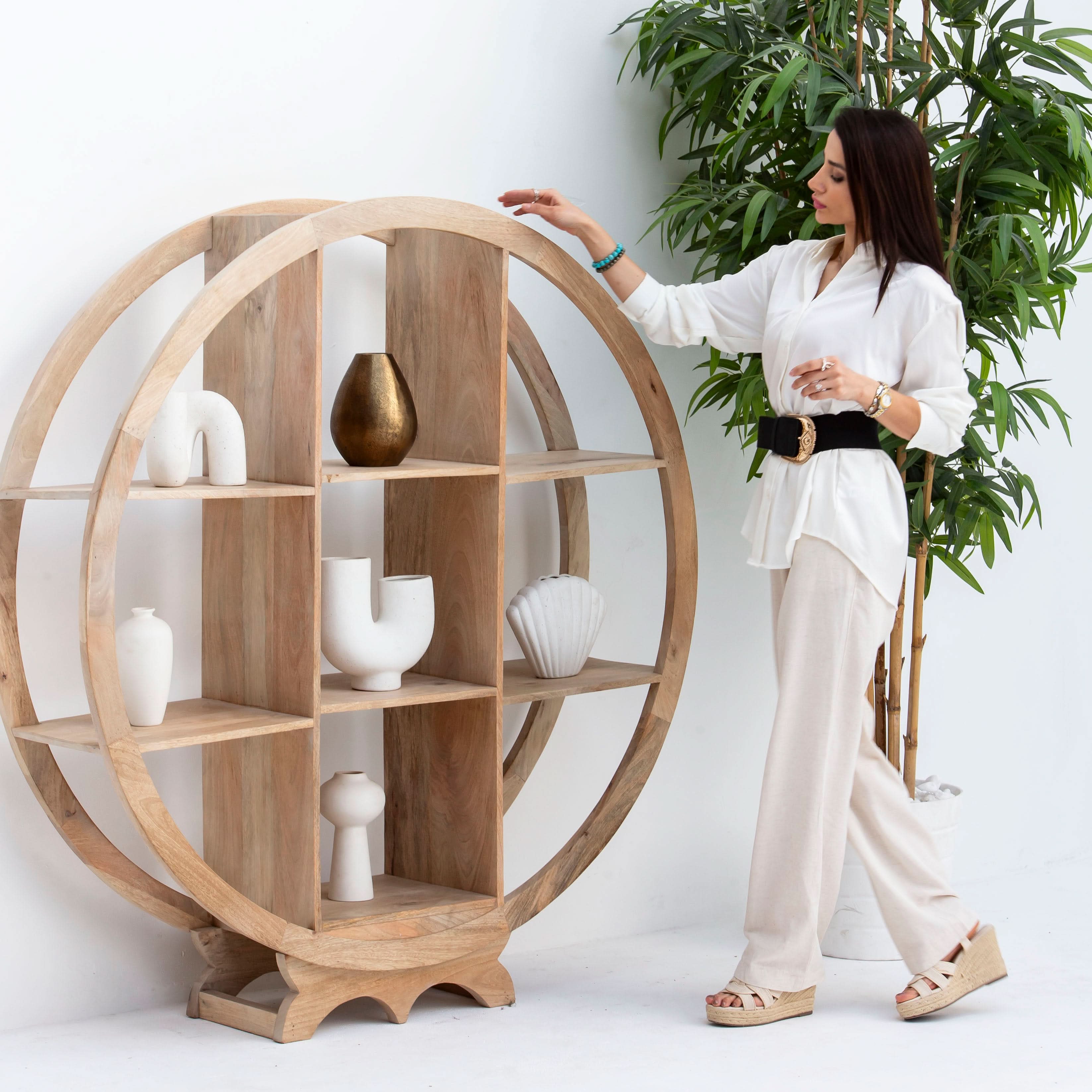 AUREVO WOODEN ROUND OPEN BOOKSHELF - Art and craft furniture