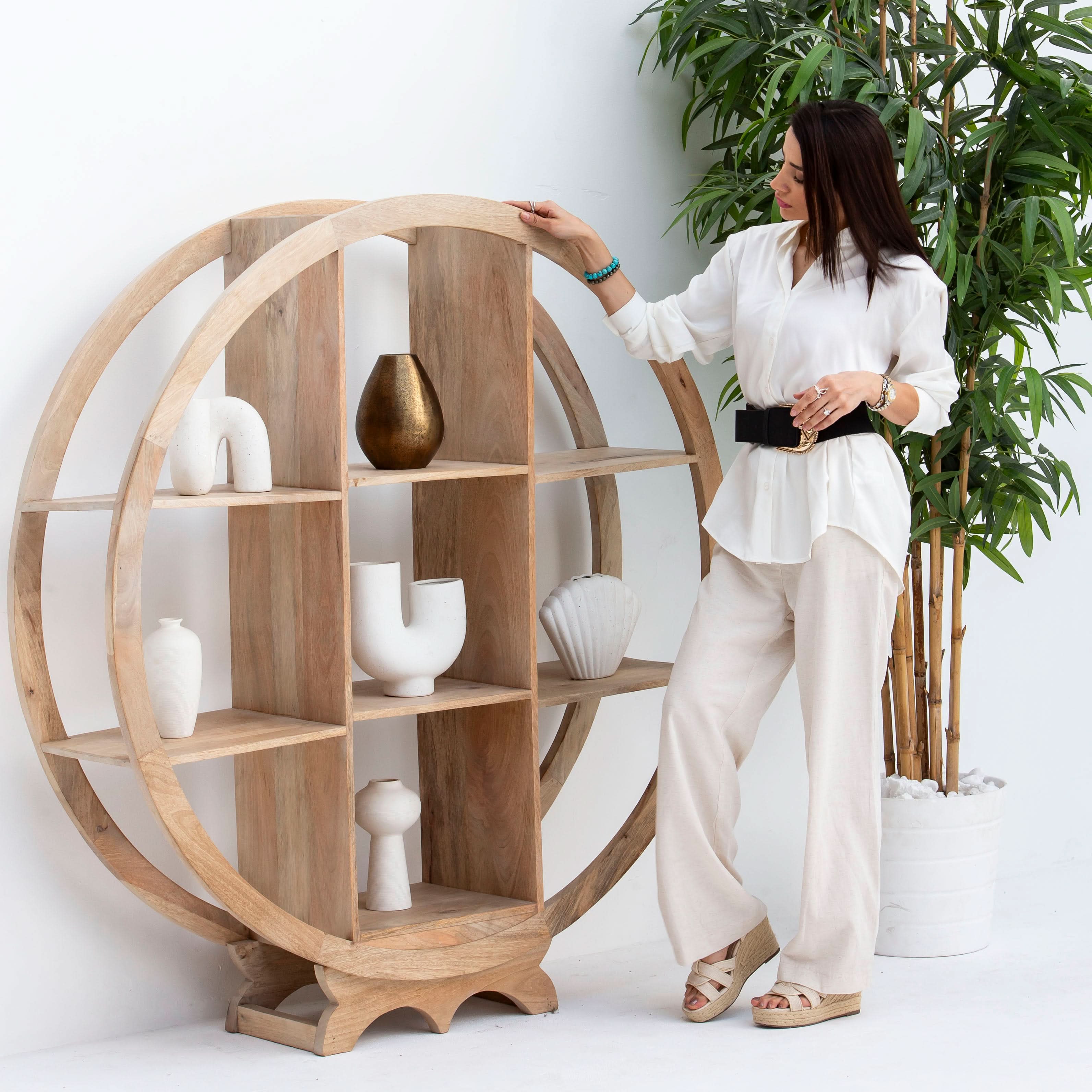 AUREVO WOODEN ROUND OPEN BOOKSHELF - Art and craft furniture