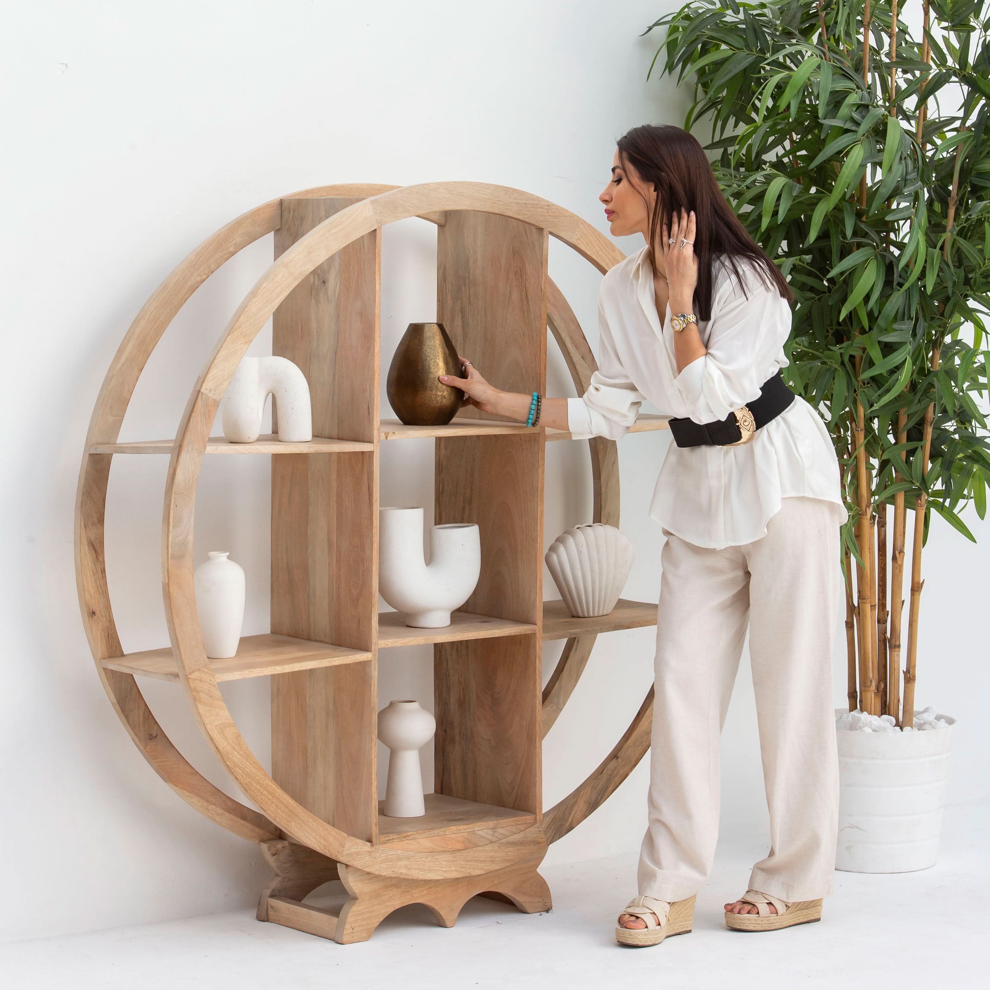 AUREVO WOODEN ROUND OPEN BOOKSHELF - Art and craft furniture