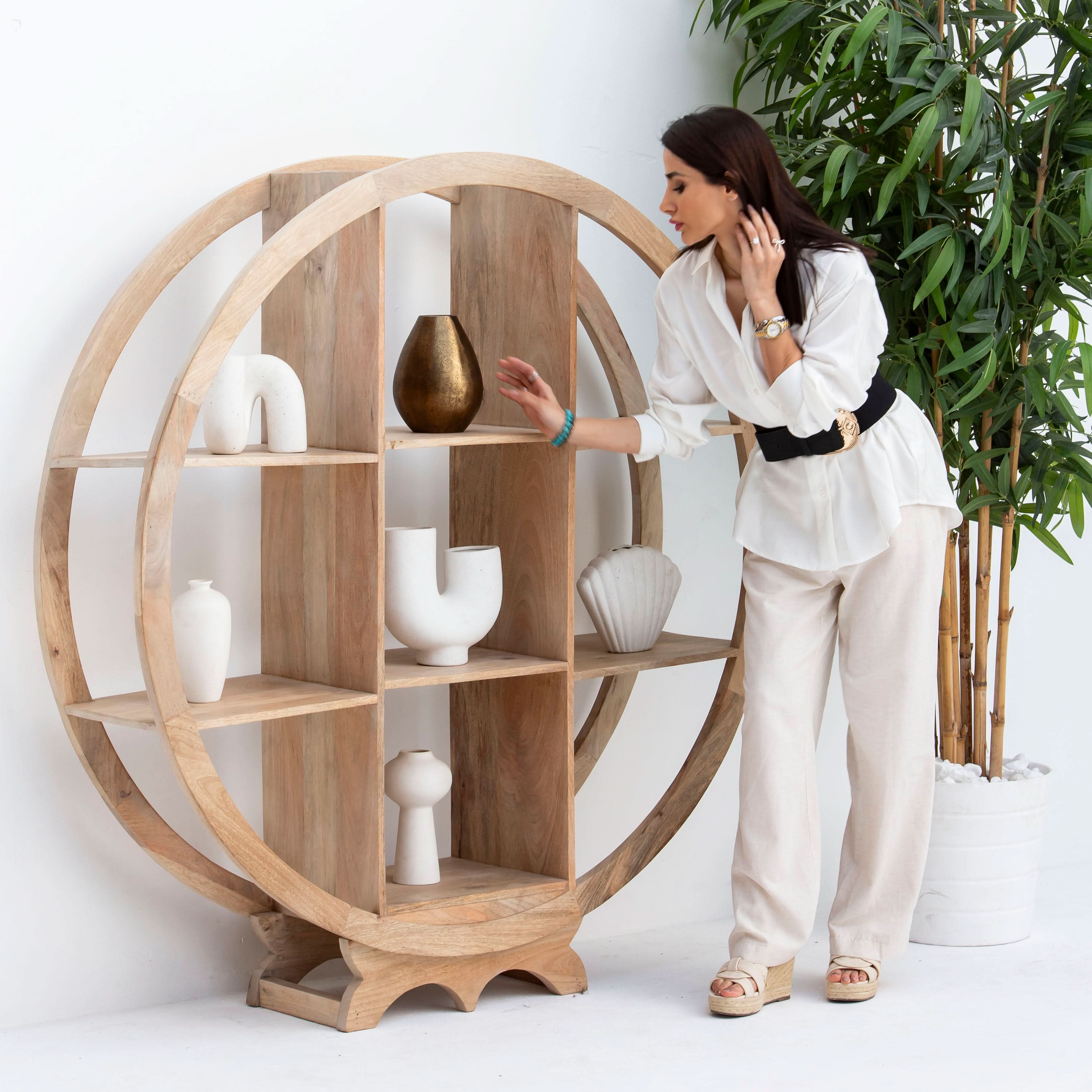 AUREVO WOODEN ROUND OPEN BOOKSHELF - Art and craft furniture