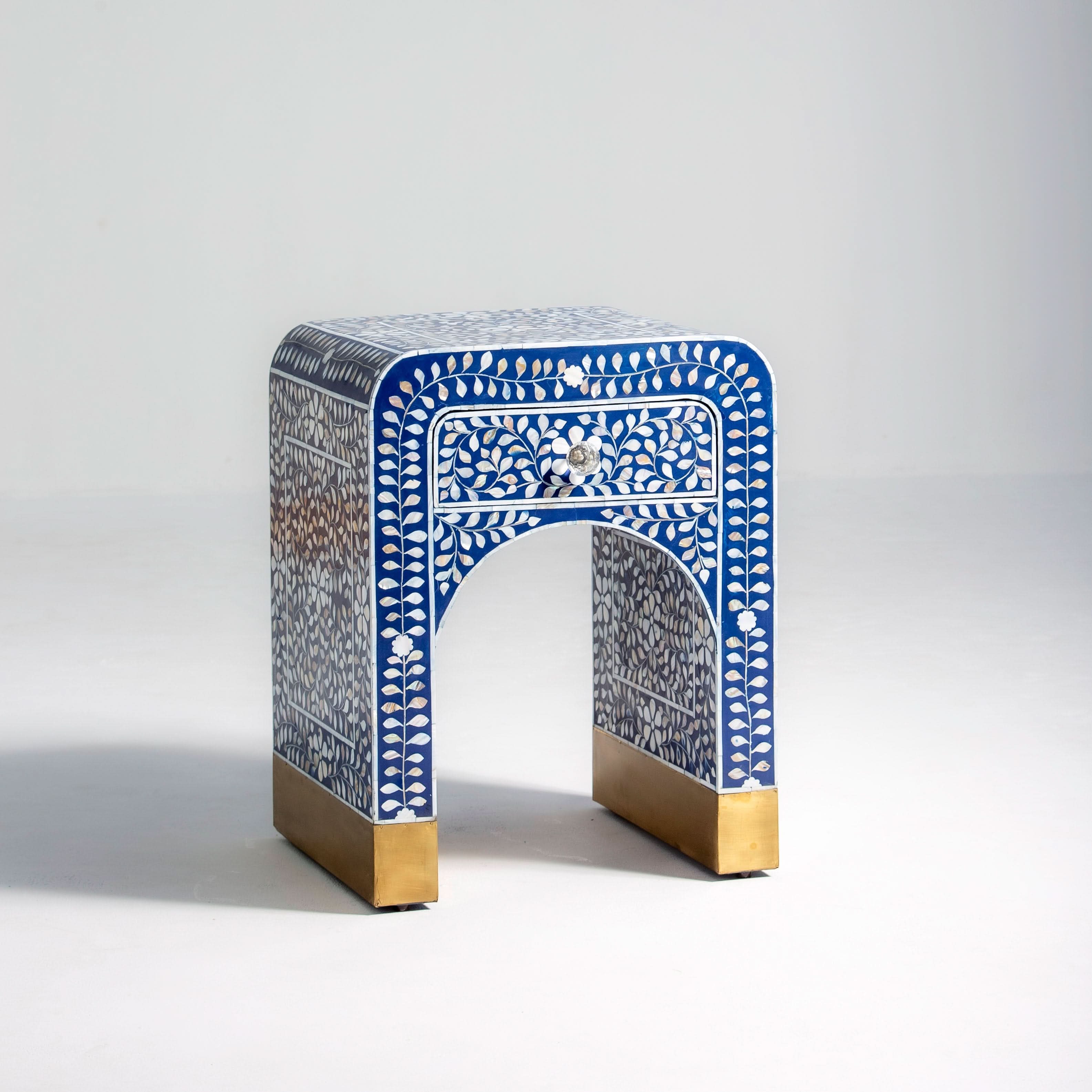 OCEAN-BLUE MOTHER OF PEARL ONE DRAWER BEDSIDE TABLE - Art and craft furniture