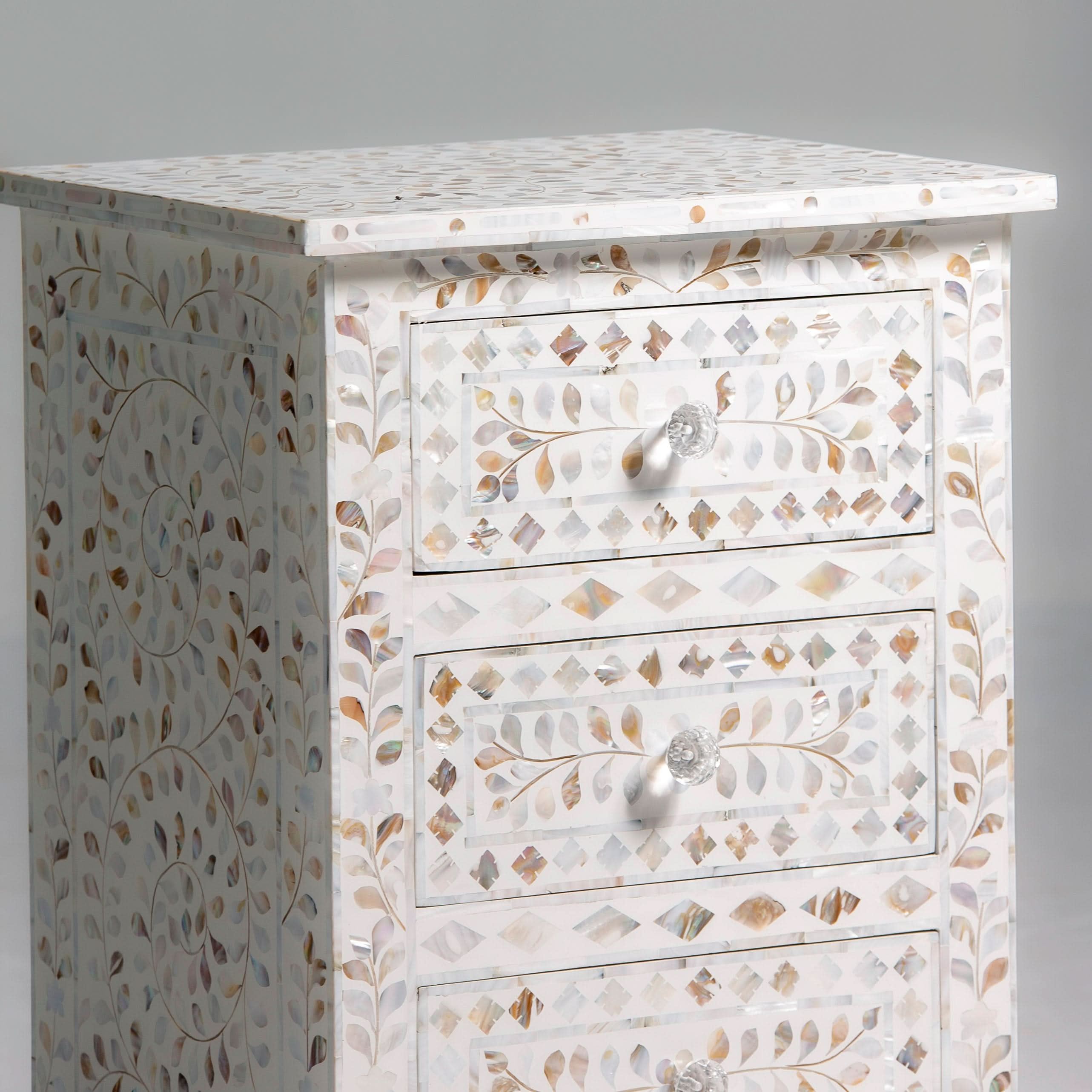 OCEAN-WHITE MOTHER OF PEARL THREE DRAWER BEDSIDE TABLE - Art and craft furniture