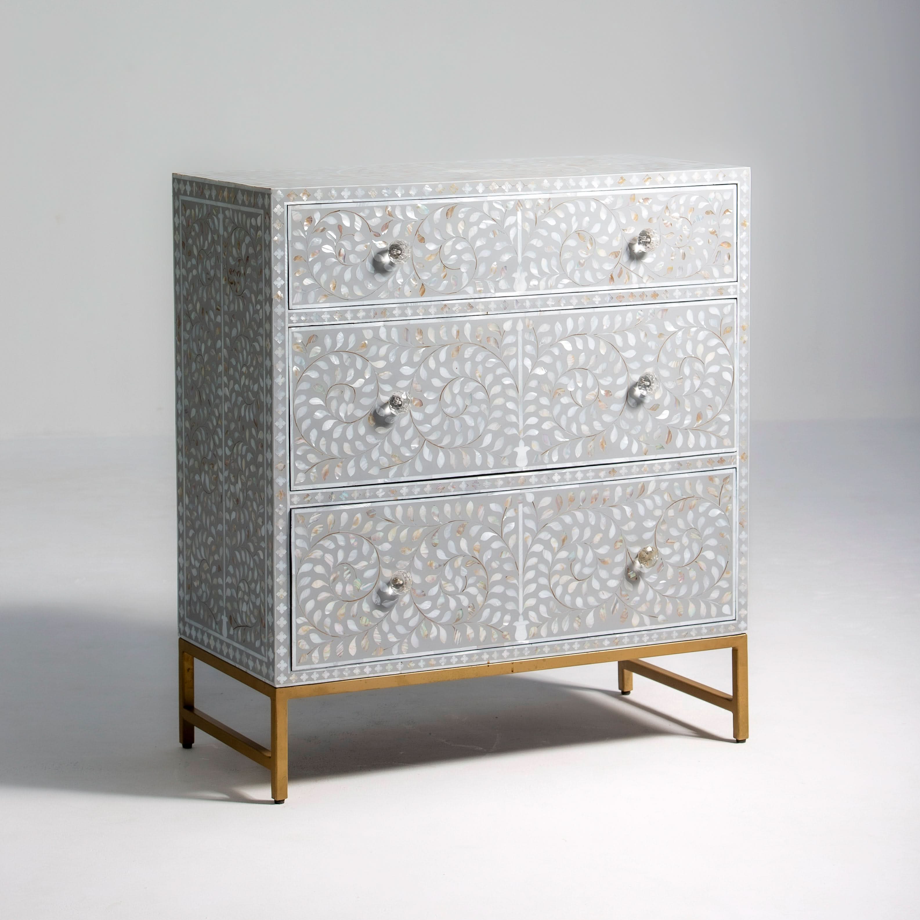 FLORAL-GREY MOTHER OF PEARL THREE DRAWER CHEST OF DRAWER - Art and craft furniture