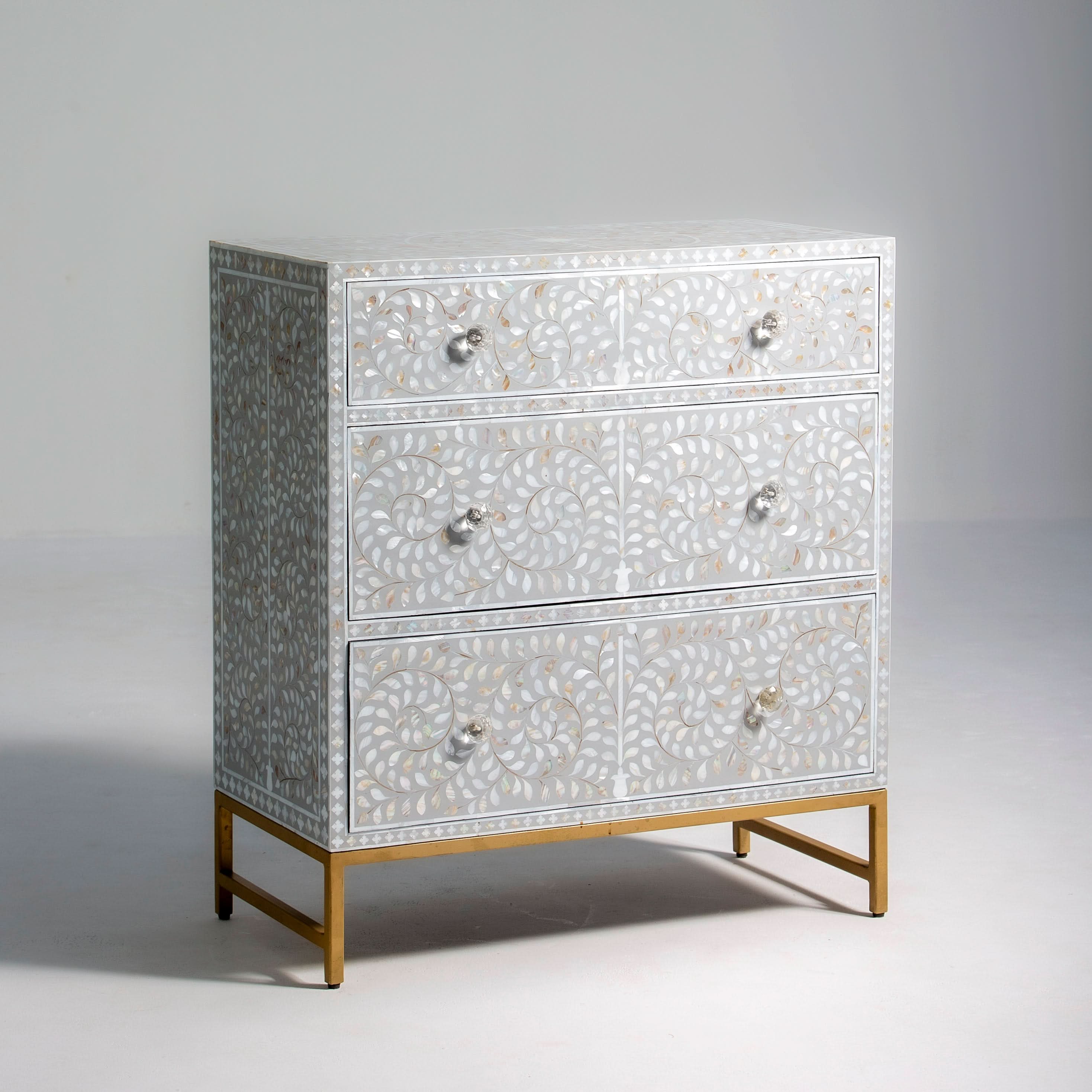 FLORAL-GREY MOTHER OF PEARL THREE DRAWER CHEST OF DRAWER - Art and craft furniture