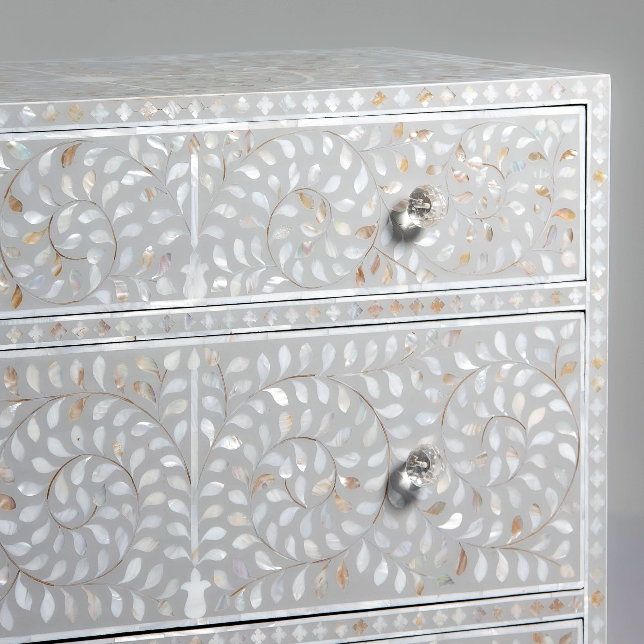 FLORAL-GREY MOTHER OF PEARL THREE DRAWER CHEST OF DRAWER - Art and craft furniture
