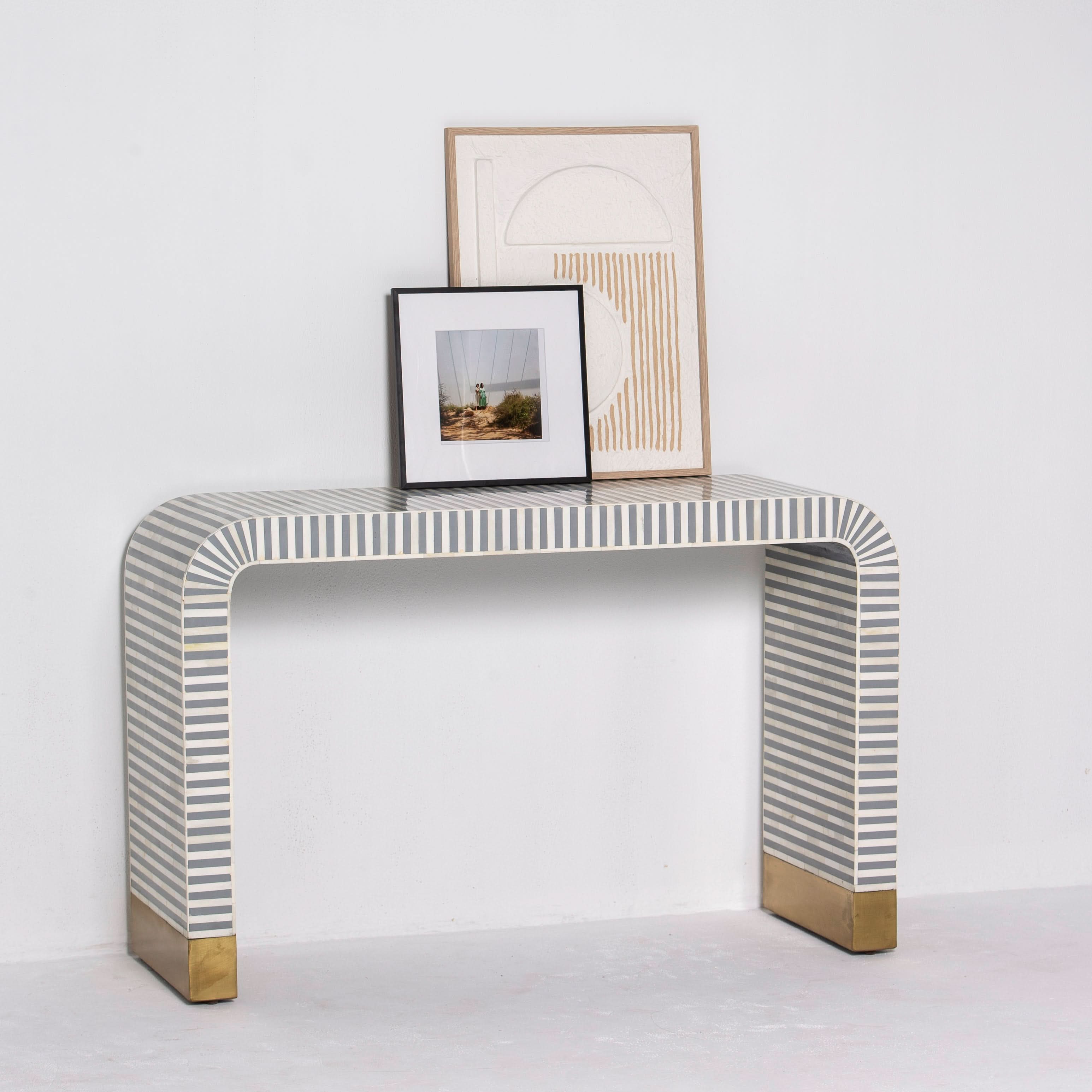 MYSTIC-GREY STRIP INLAY U SHAPE CONSOLE TABLE - Art and craft furniture