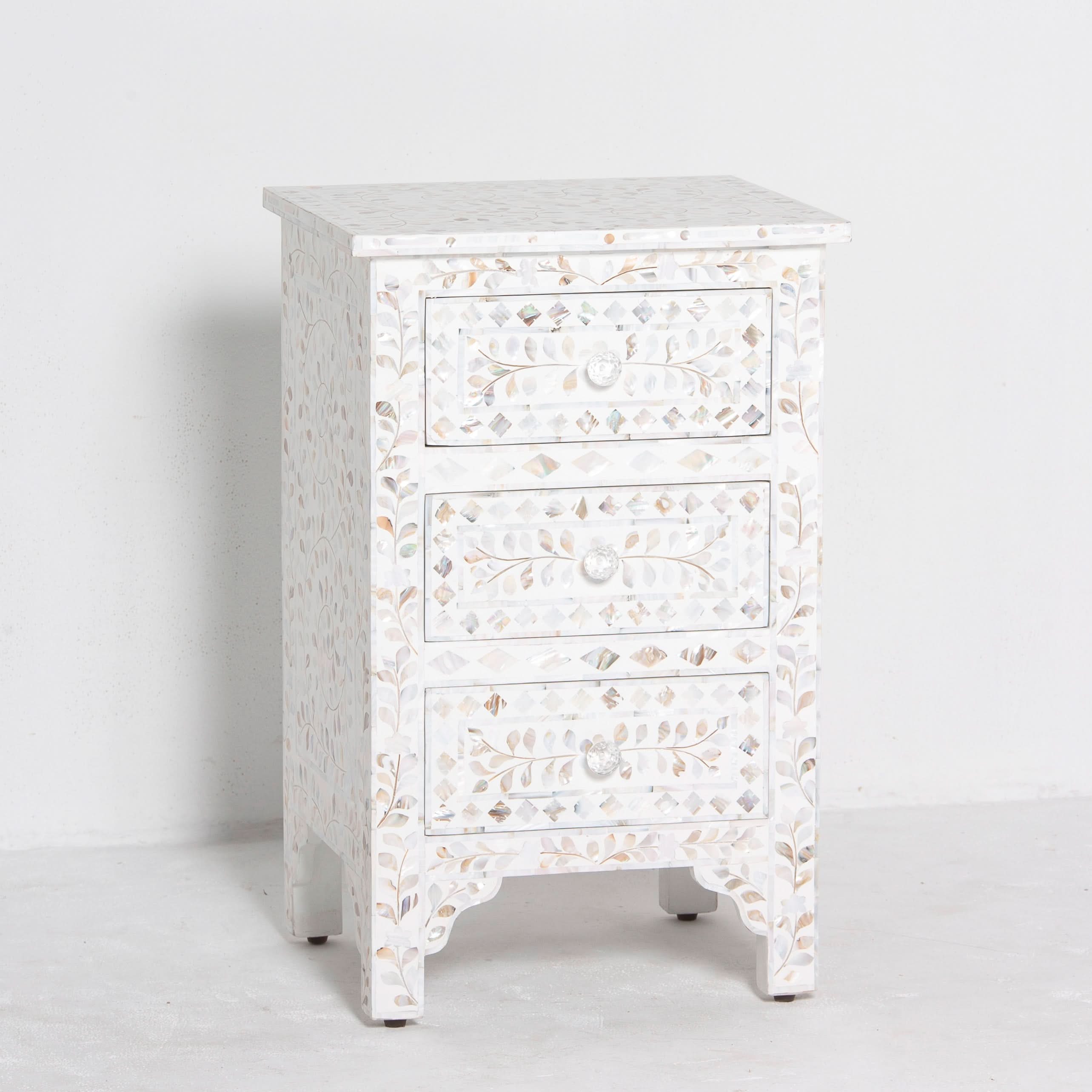 OCEAN-WHITE MOTHER OF PEARL THREE DRAWER BEDSIDE TABLE - Art and craft furniture
