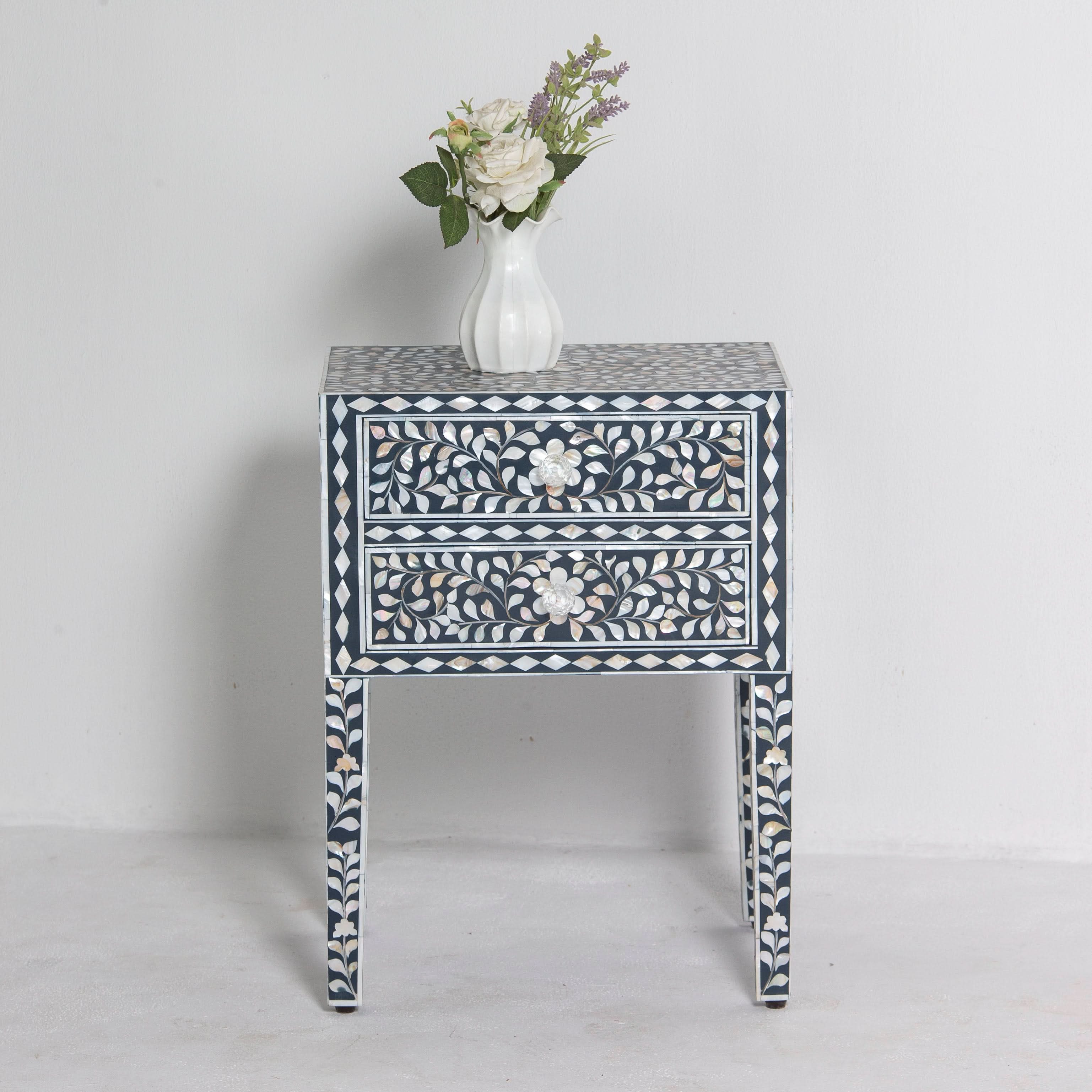 OCEAN-BLACK MOTHER OF PEARL TWO DRAWER BEDSIDE TABLE - Art and craft furniture