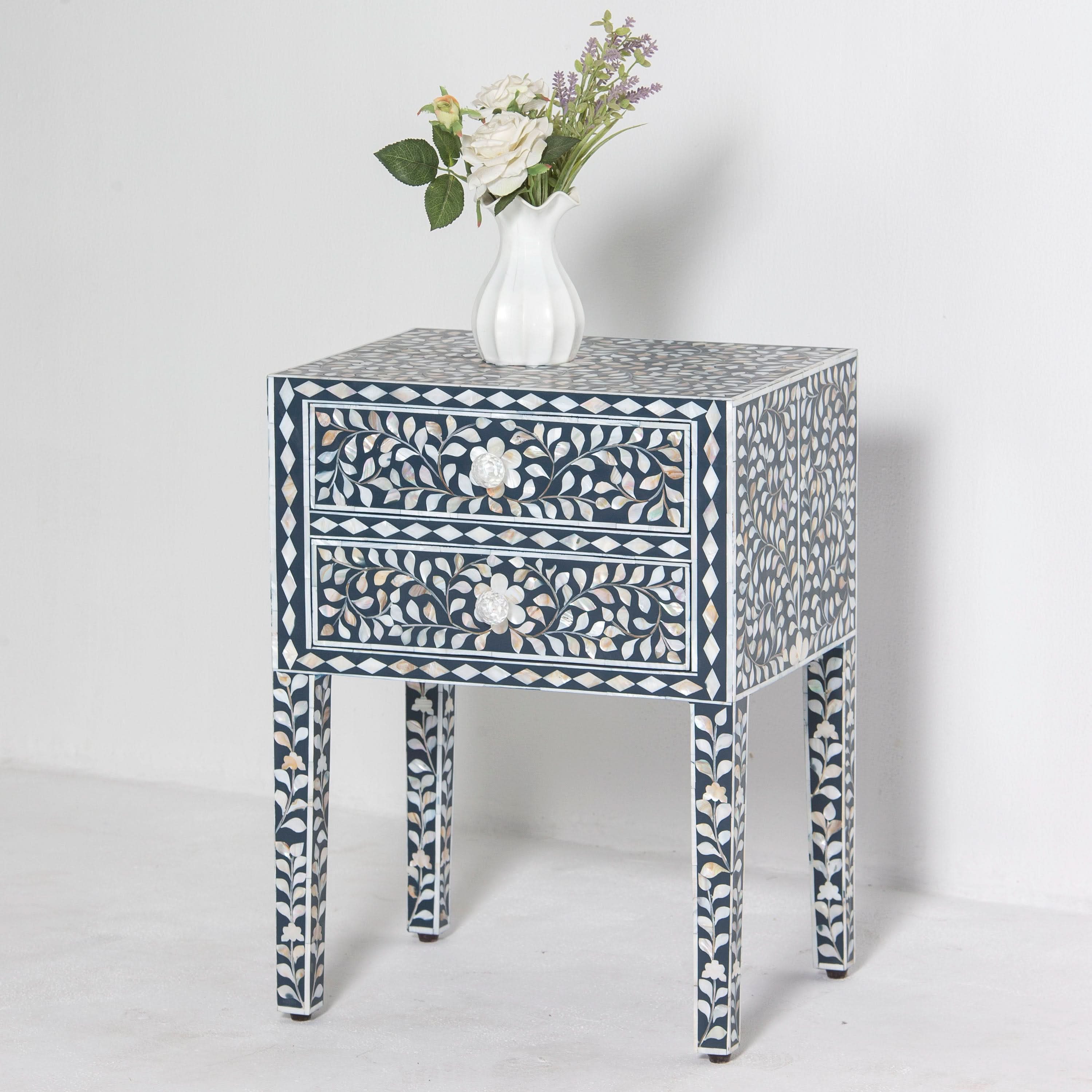 OCEAN-BLACK MOTHER OF PEARL TWO DRAWER BEDSIDE TABLE - Art and craft furniture