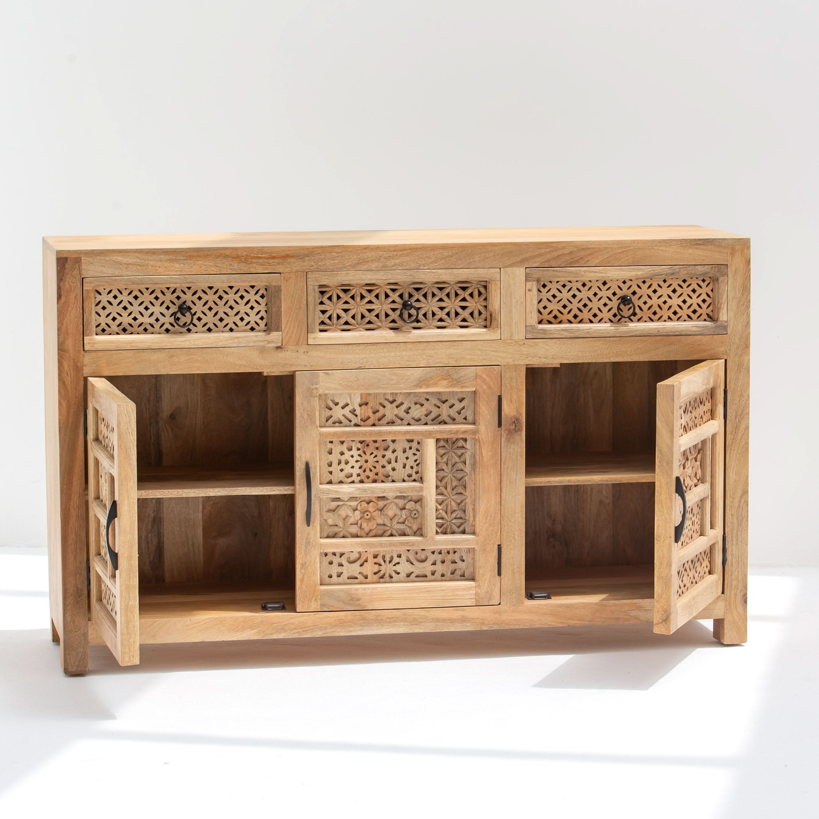 SIERRA WOODEN THREE DOOR THREE DRAWER CARVING SIDEBOARD - Art and craft furniture