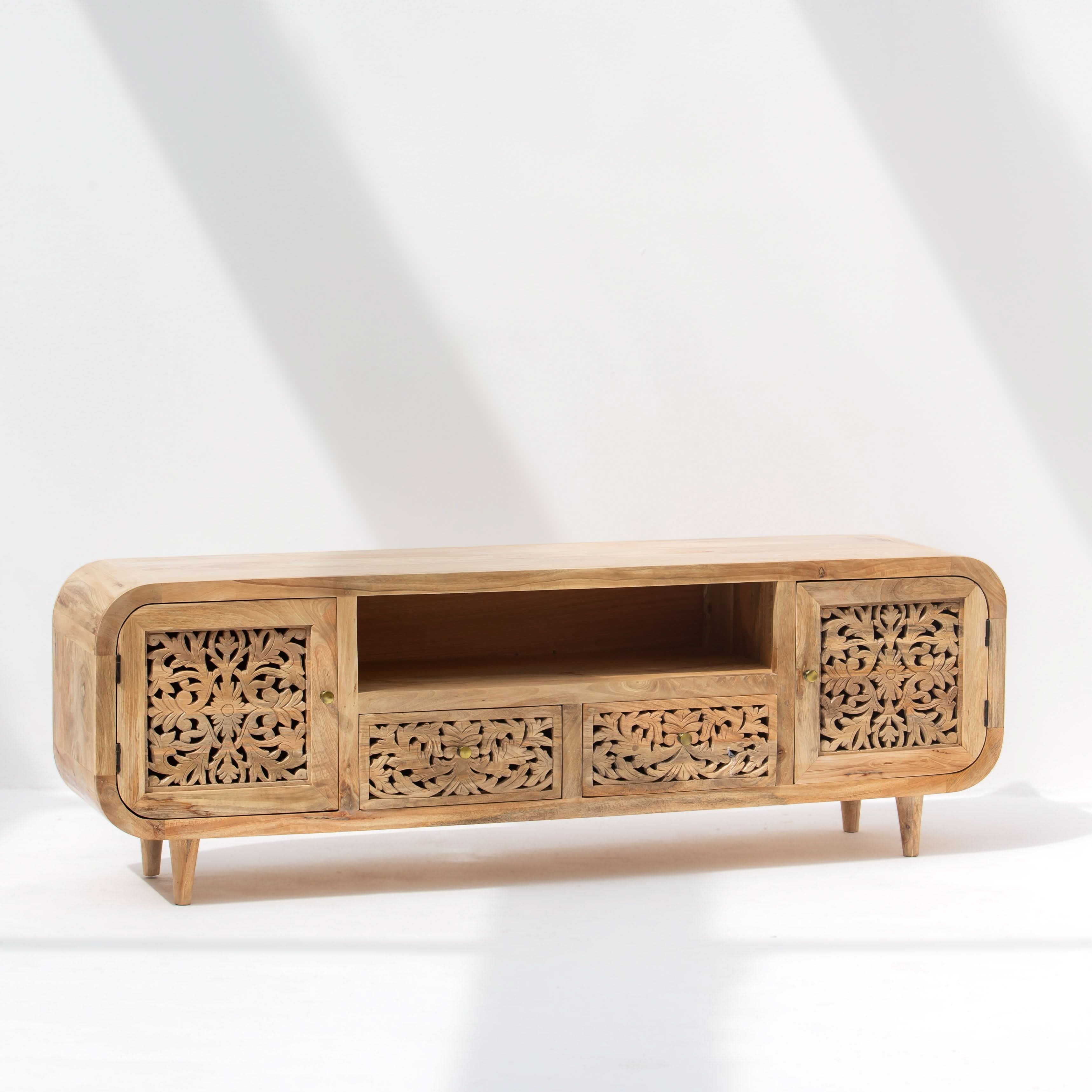 ZENVIA WOODEN CARVING TWO DOOR TWO DRAWER TV STAND - Art and craft furniture