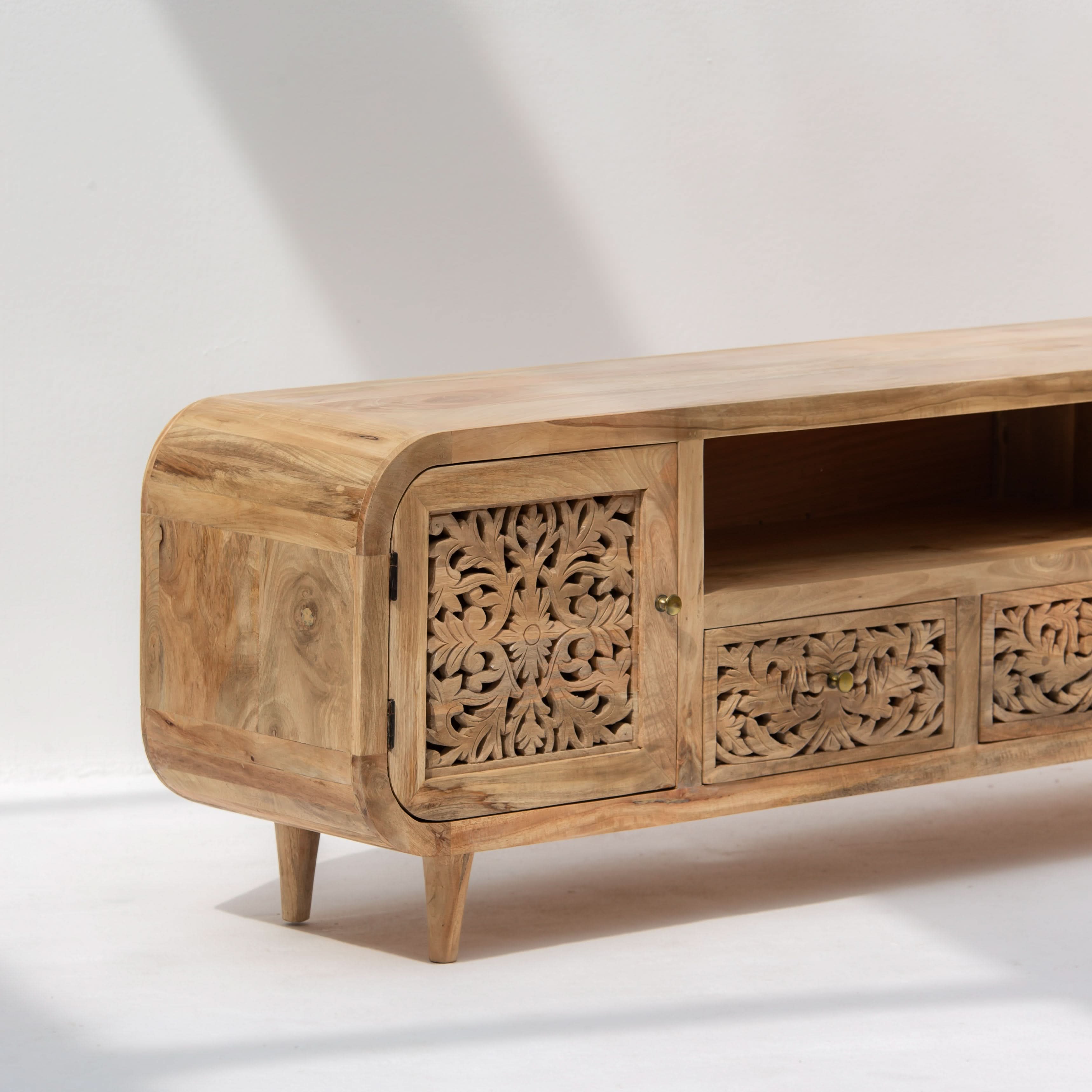 ZENVIA WOODEN CARVING TWO DOOR TWO DRAWER TV STAND - Art and craft furniture