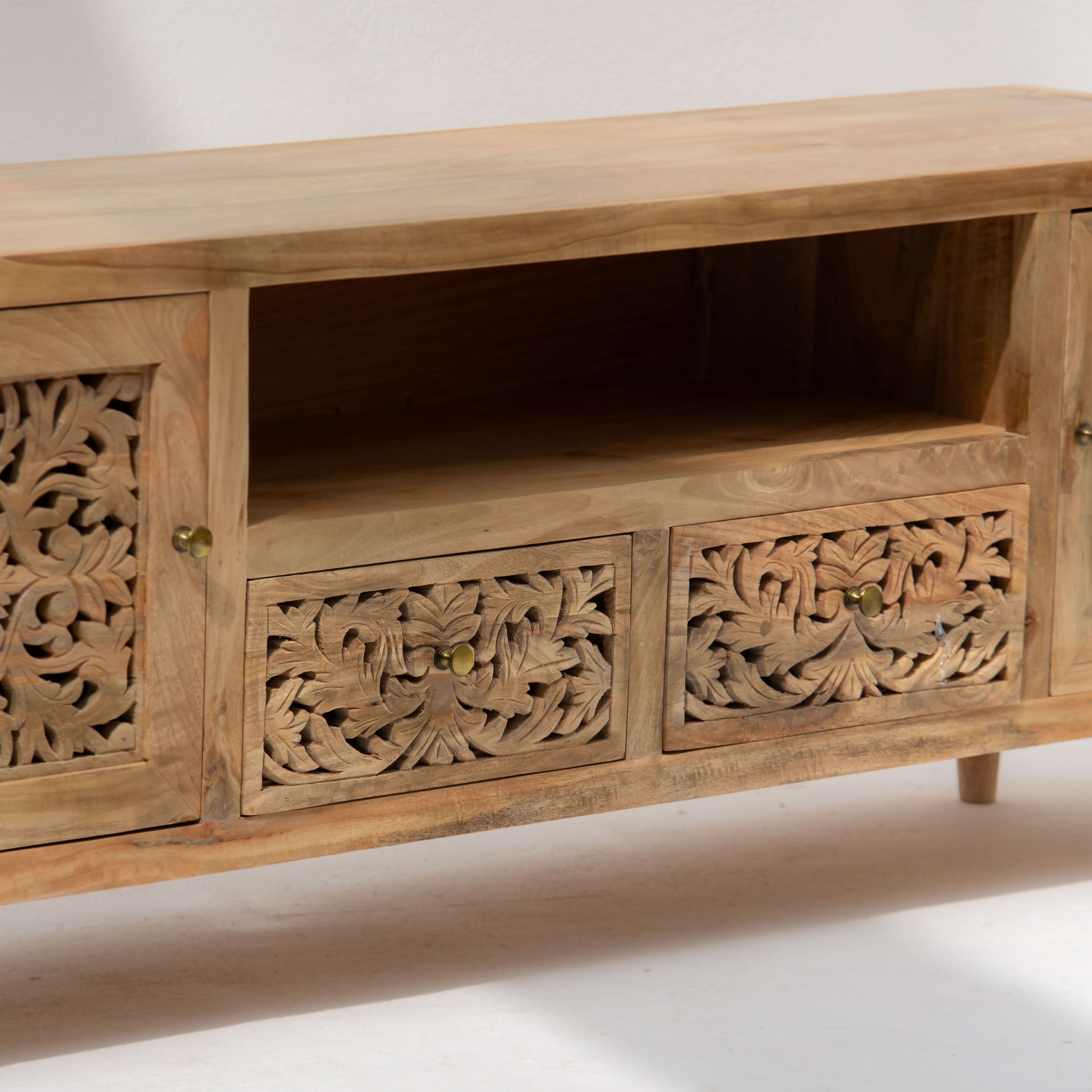 ZENVIA WOODEN CARVING TWO DOOR TWO DRAWER TV STAND - Art and craft furniture