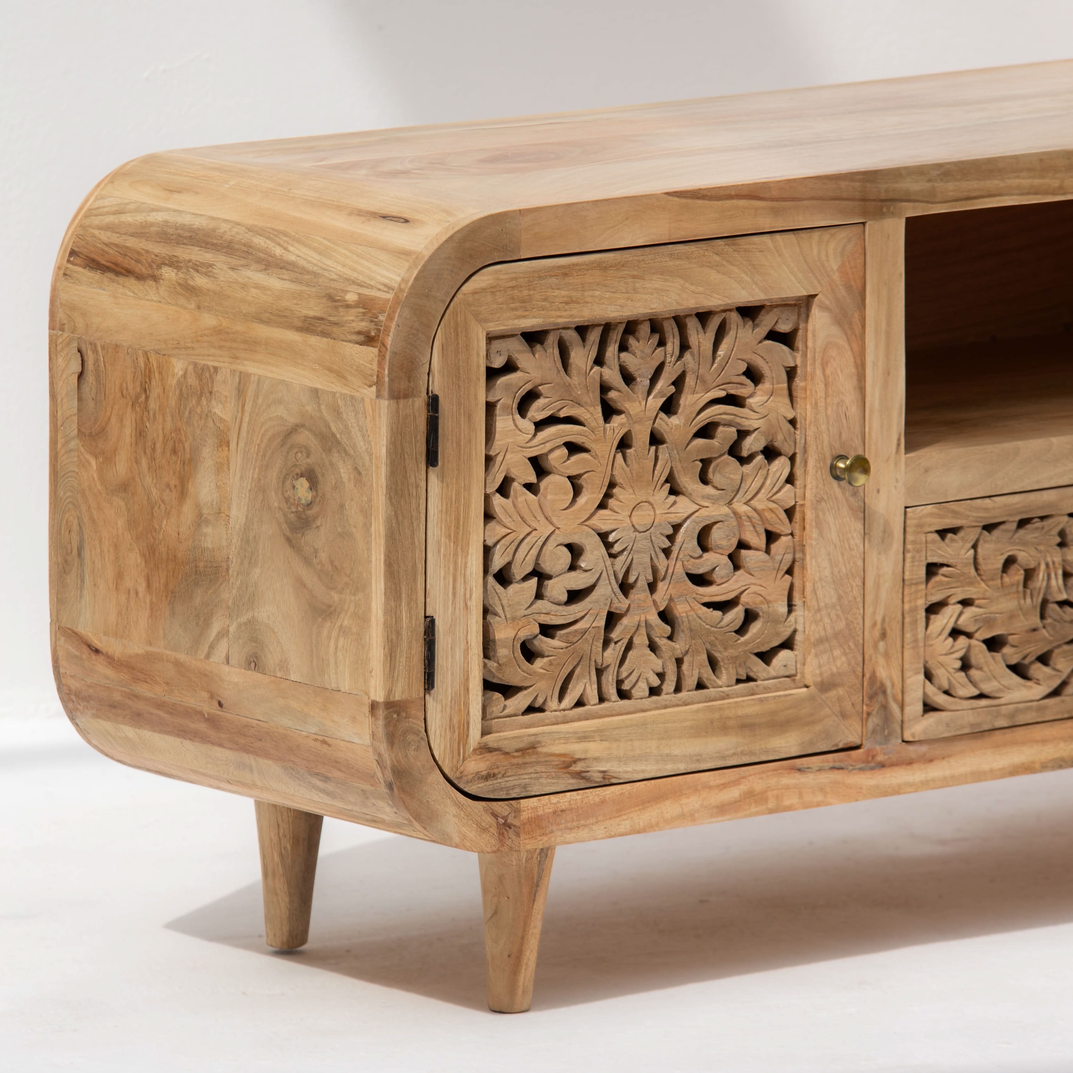 ZENVIA WOODEN CARVING TWO DOOR TWO DRAWER TV STAND - Art and craft furniture