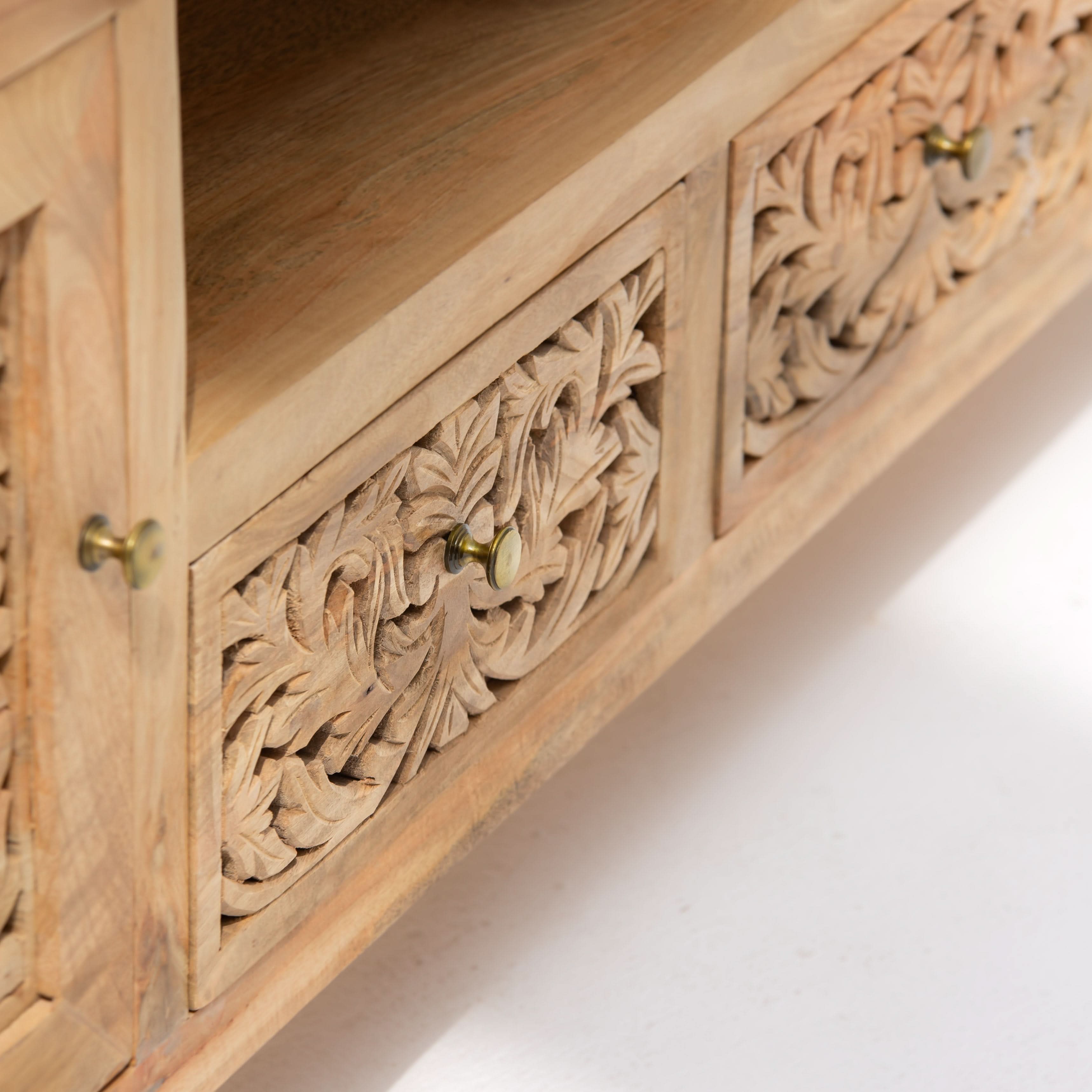 ZENVIA WOODEN CARVING TWO DOOR TWO DRAWER TV STAND - Art and craft furniture