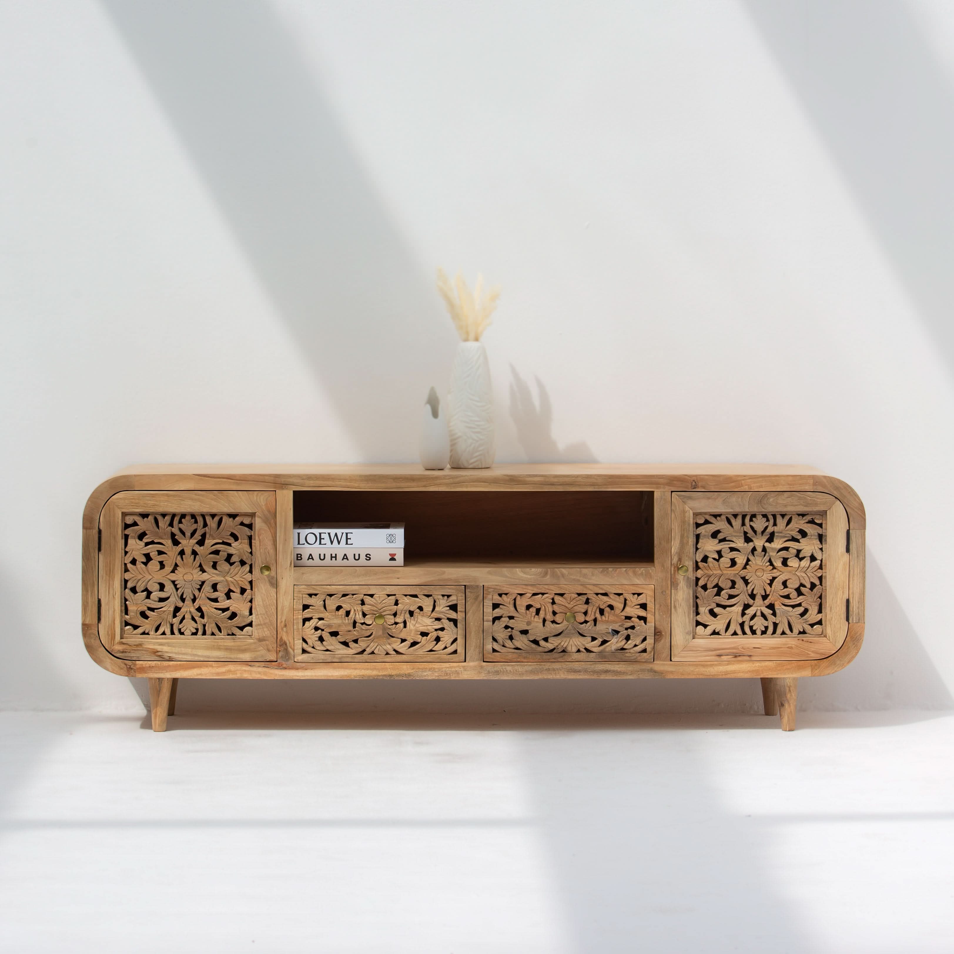 ZENVIA WOODEN CARVING TWO DOOR TWO DRAWER TV STAND - Art and craft furniture