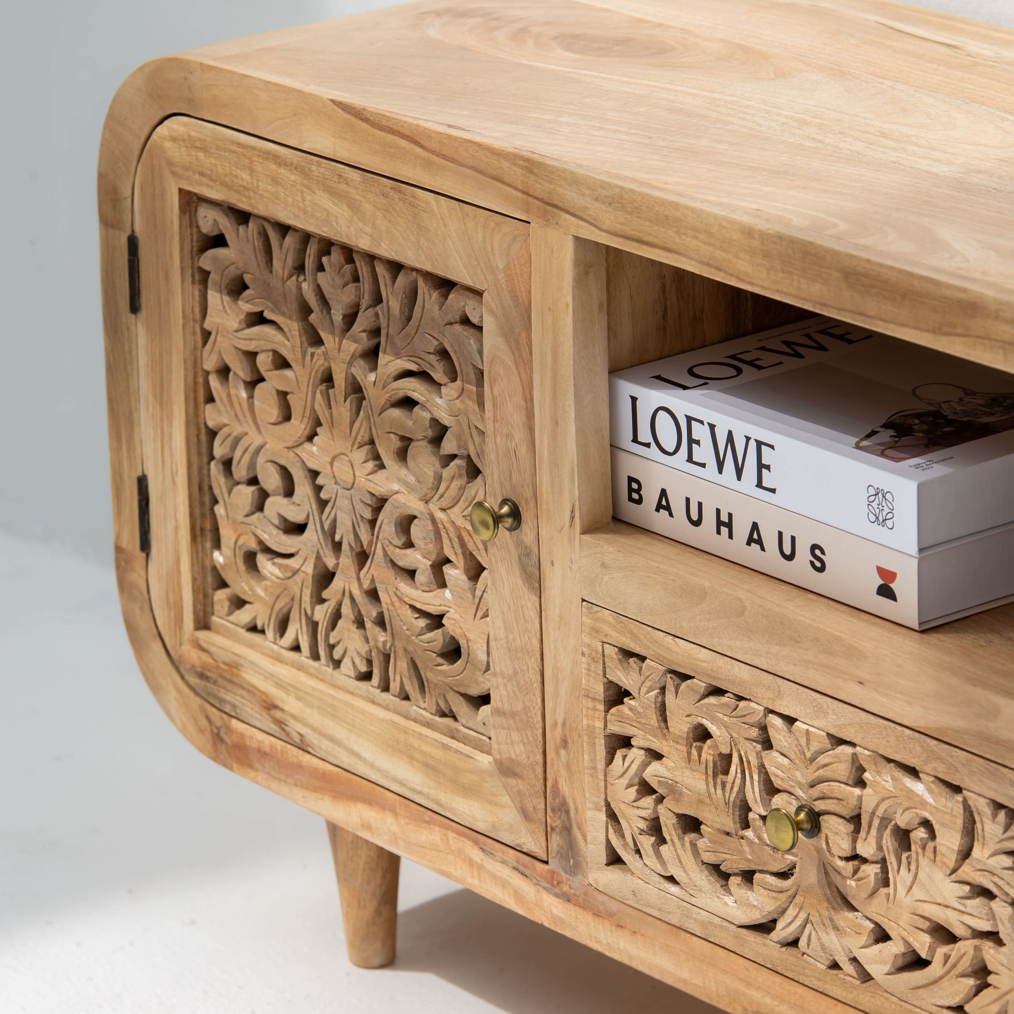 ZENVIA WOODEN CARVING TWO DOOR TWO DRAWER TV STAND - Art and craft furniture