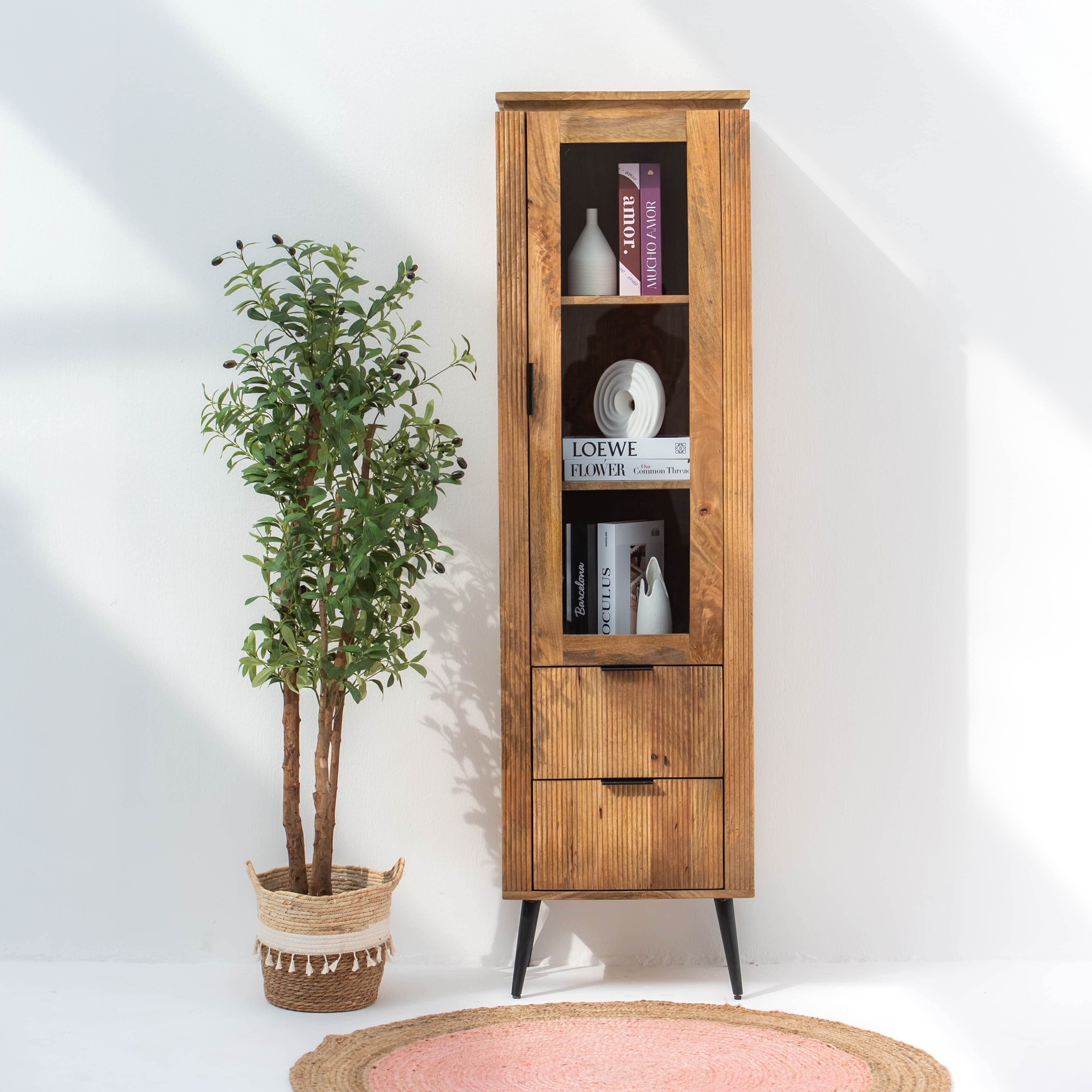 FLUTELINE WOODEN SIGNLE GLASS CABINET - Art and craft furniture