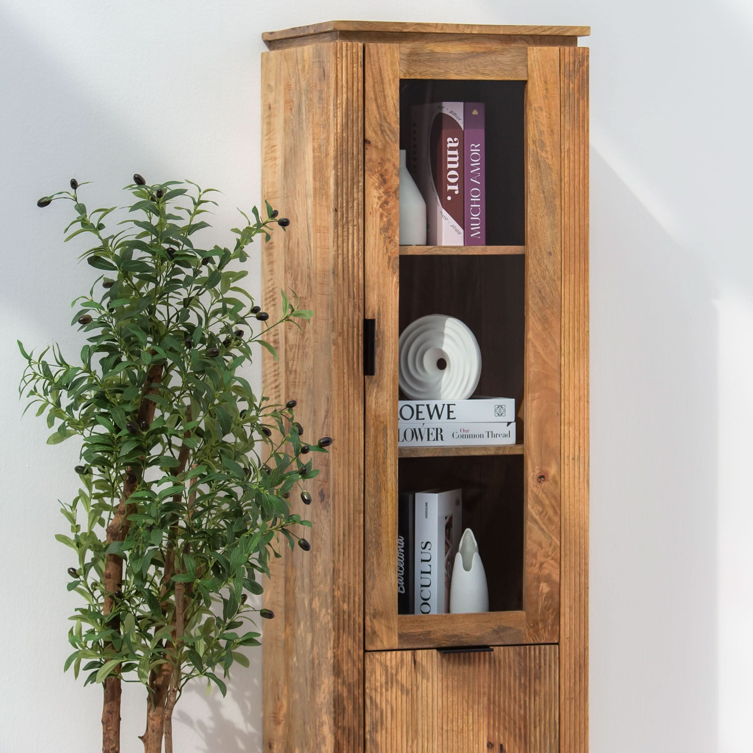 FLUTELINE WOODEN SIGNLE GLASS CABINET - Art and craft furniture