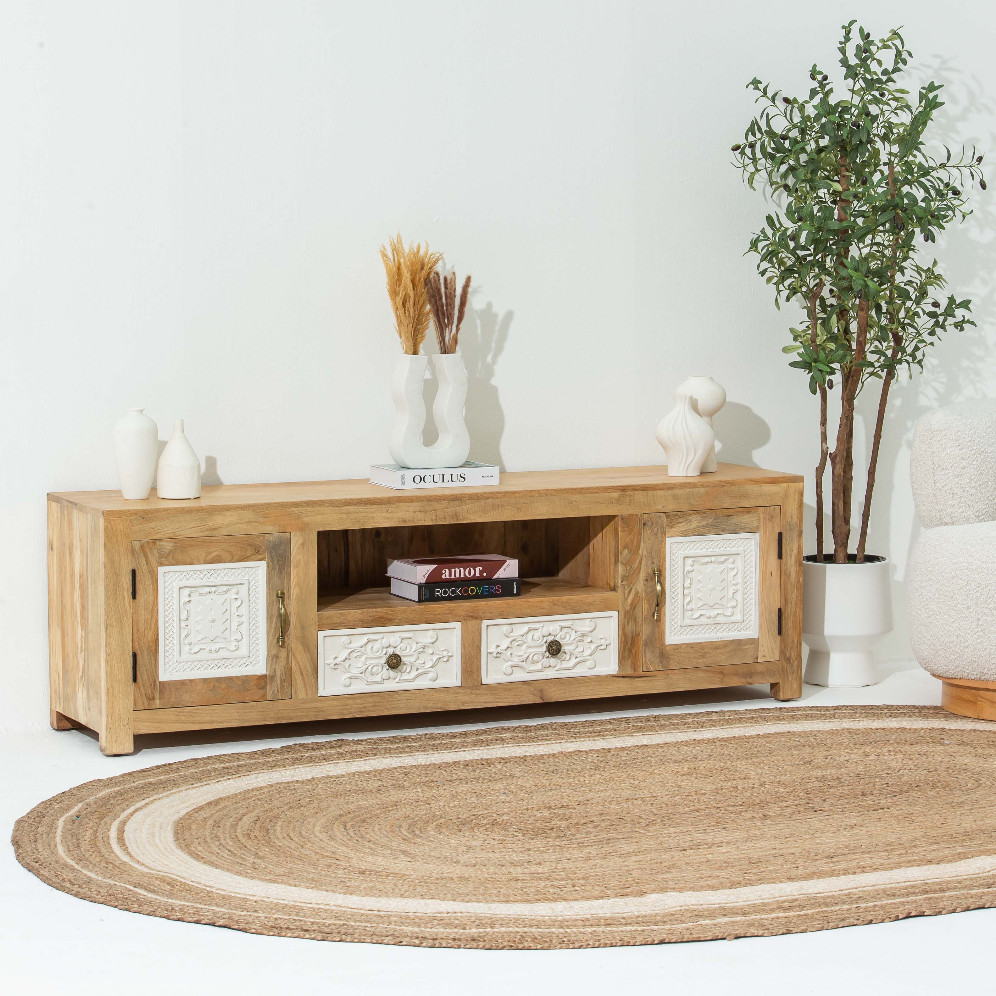 PUSHKAR WOODEN CARVING TV STAND - Art and craft furniture