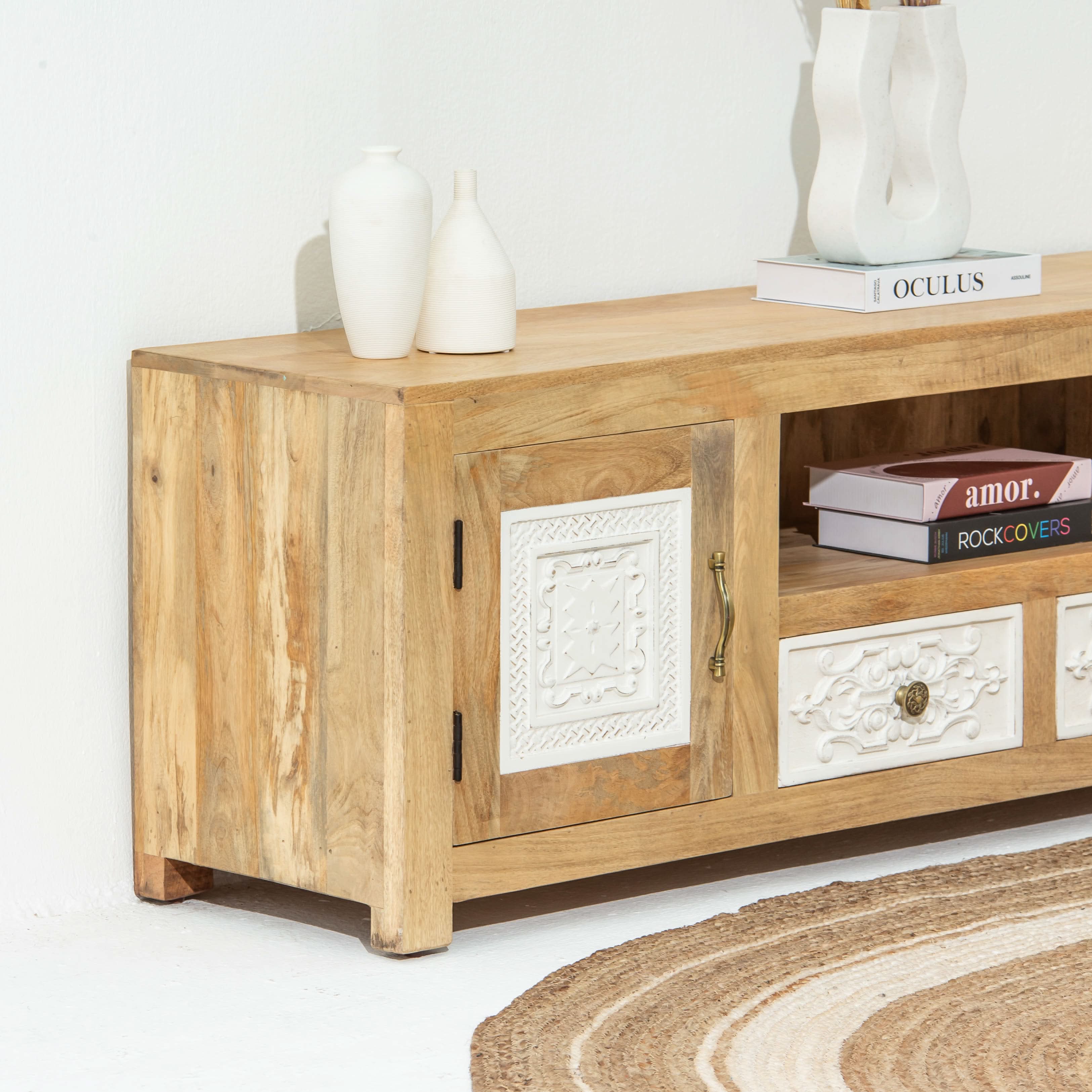 PUSHKAR WOODEN CARVING TV STAND - Art and craft furniture