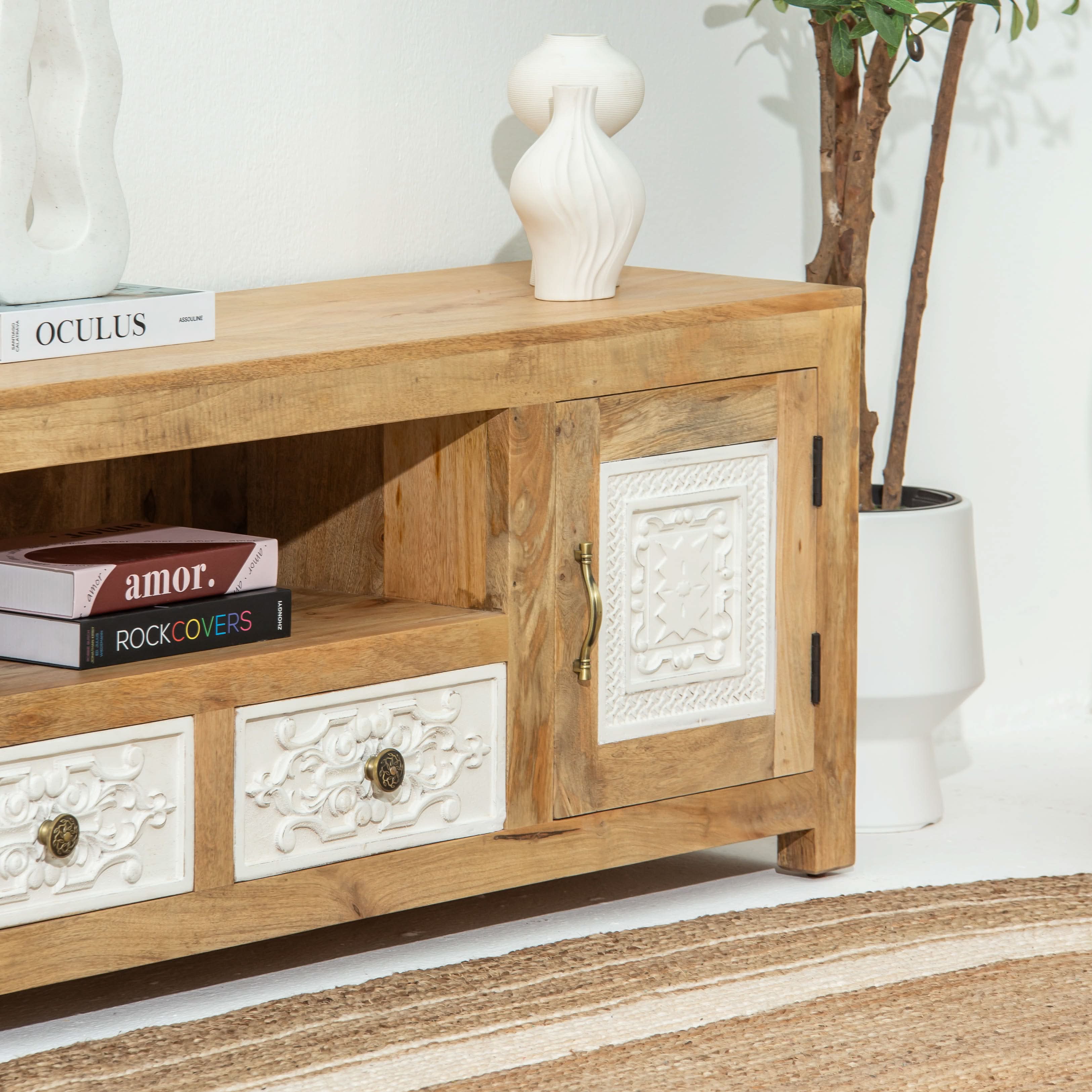 PUSHKAR WOODEN CARVING TV STAND - Art and craft furniture