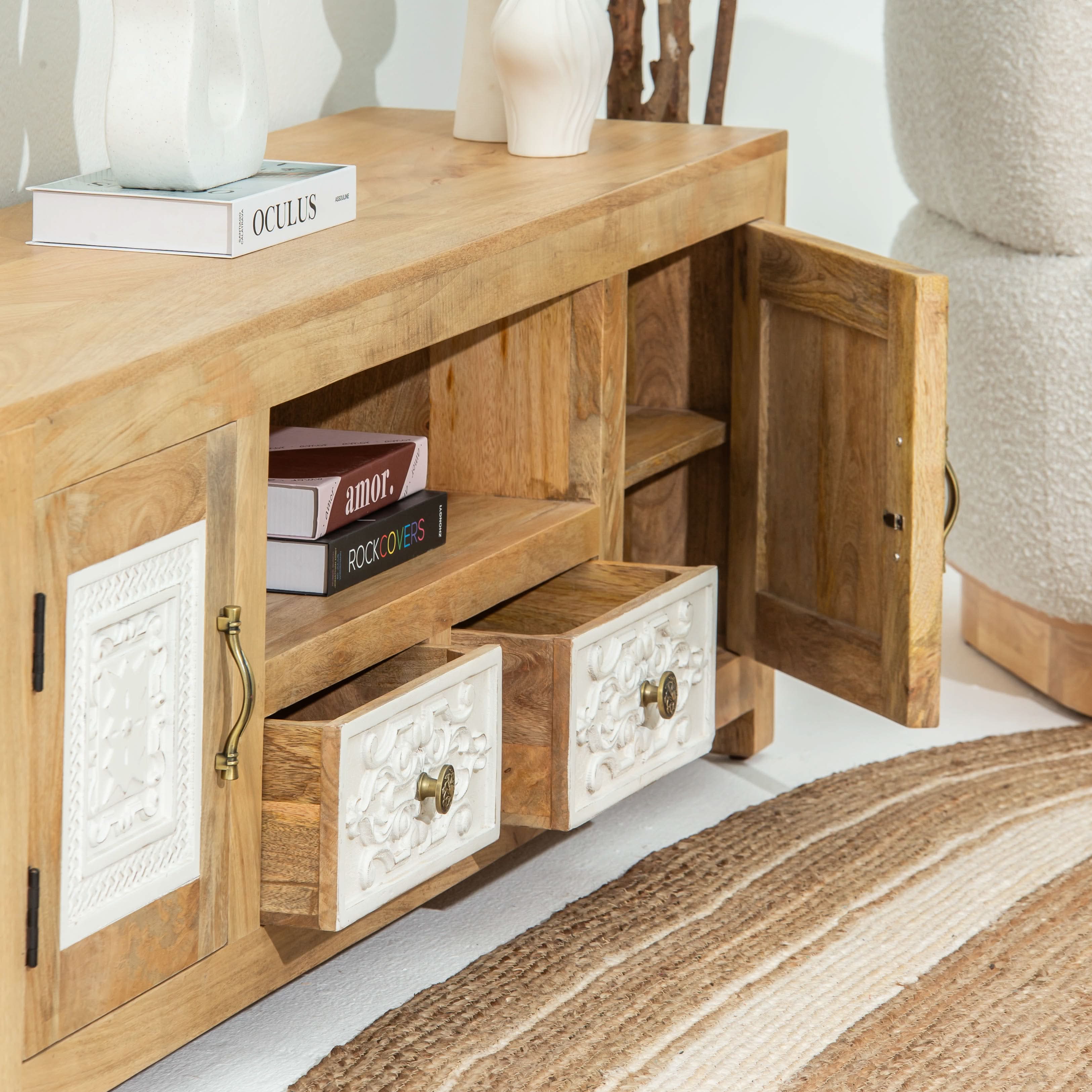PUSHKAR WOODEN CARVING TV STAND - Art and craft furniture