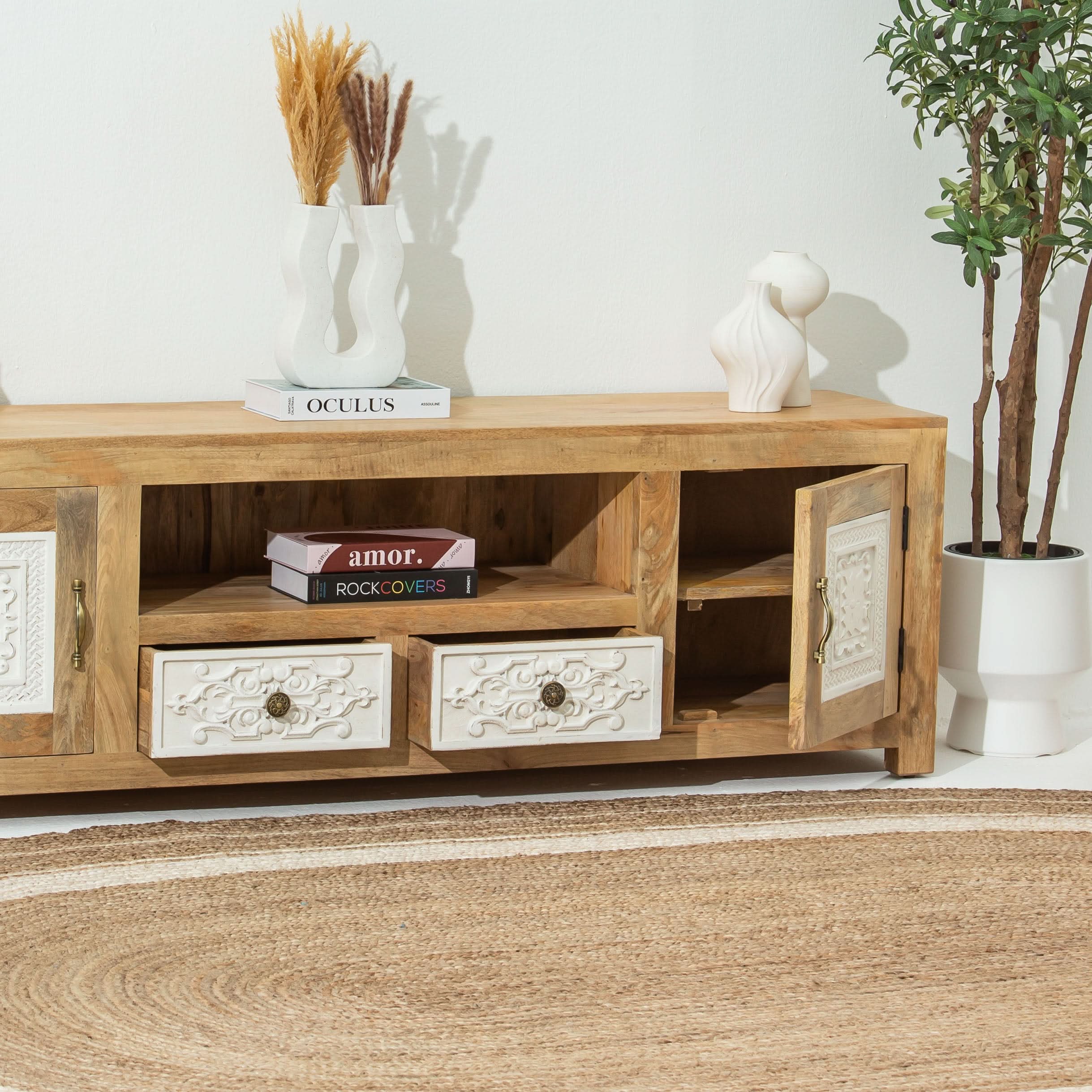 PUSHKAR WOODEN CARVING TV STAND - Art and craft furniture