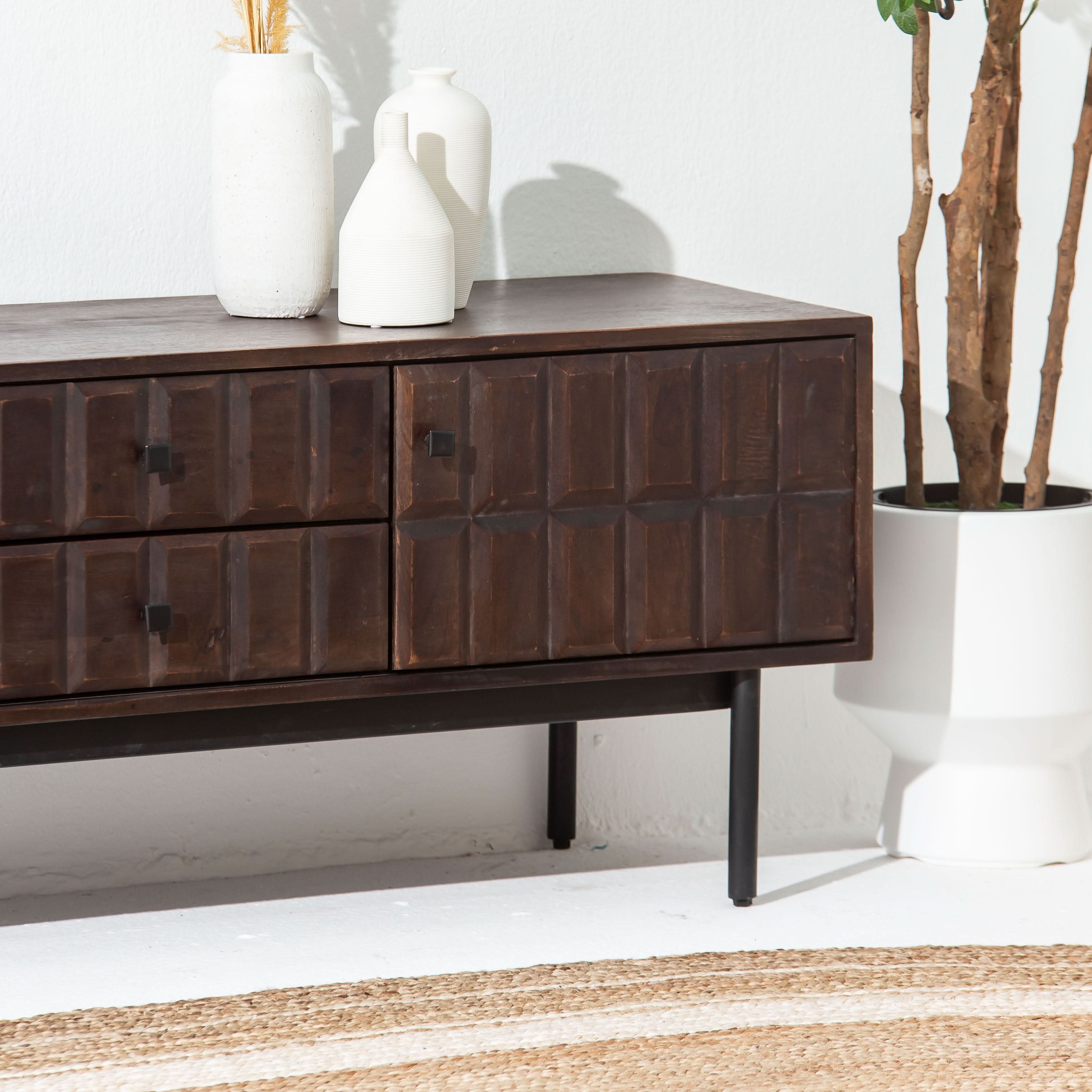 NUVOR WOODEN THREE DOOR TWO DRAWER TV STAND - Art and craft furniture