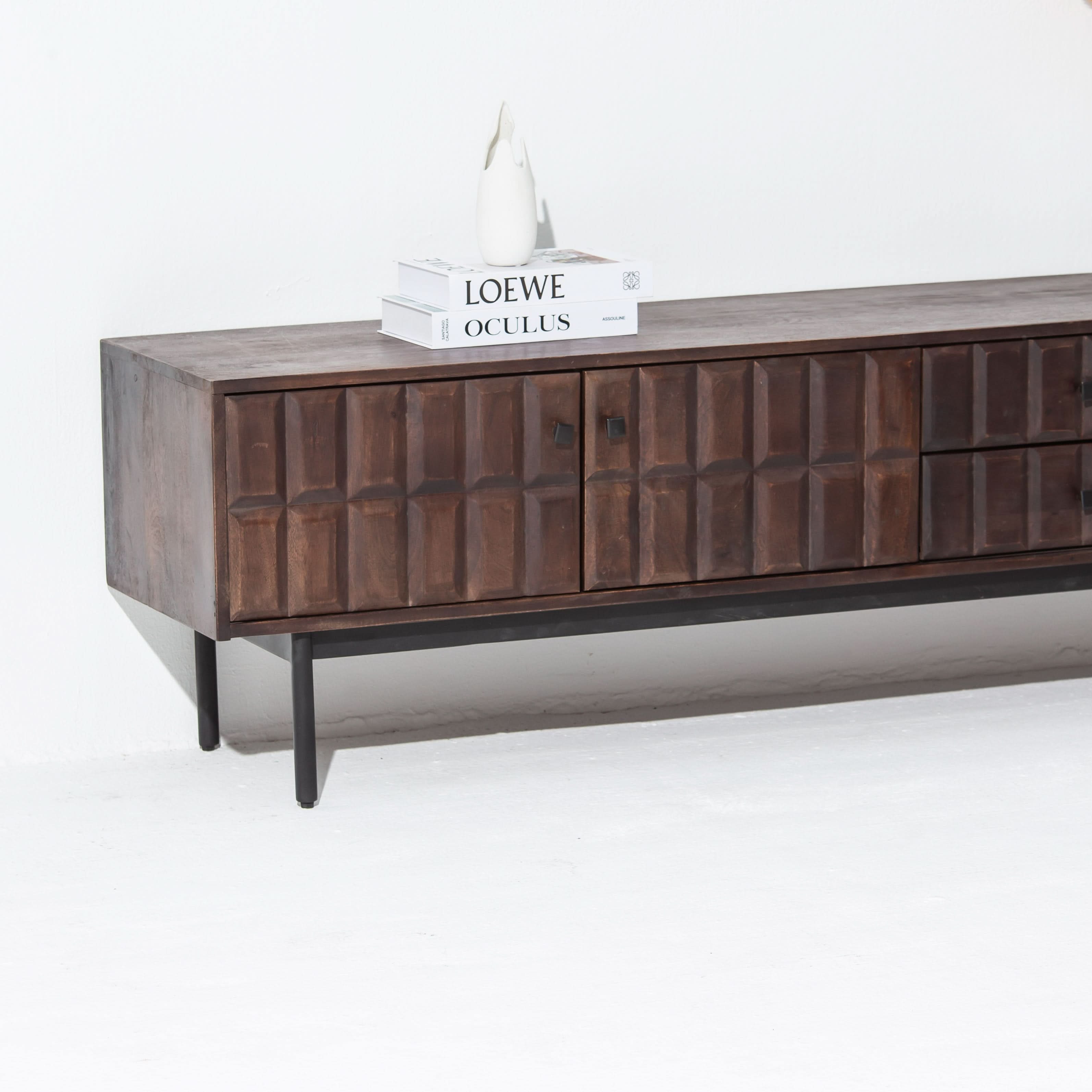 NUVOR WOODEN THREE DOOR TWO DRAWER TV STAND - Art and craft furniture