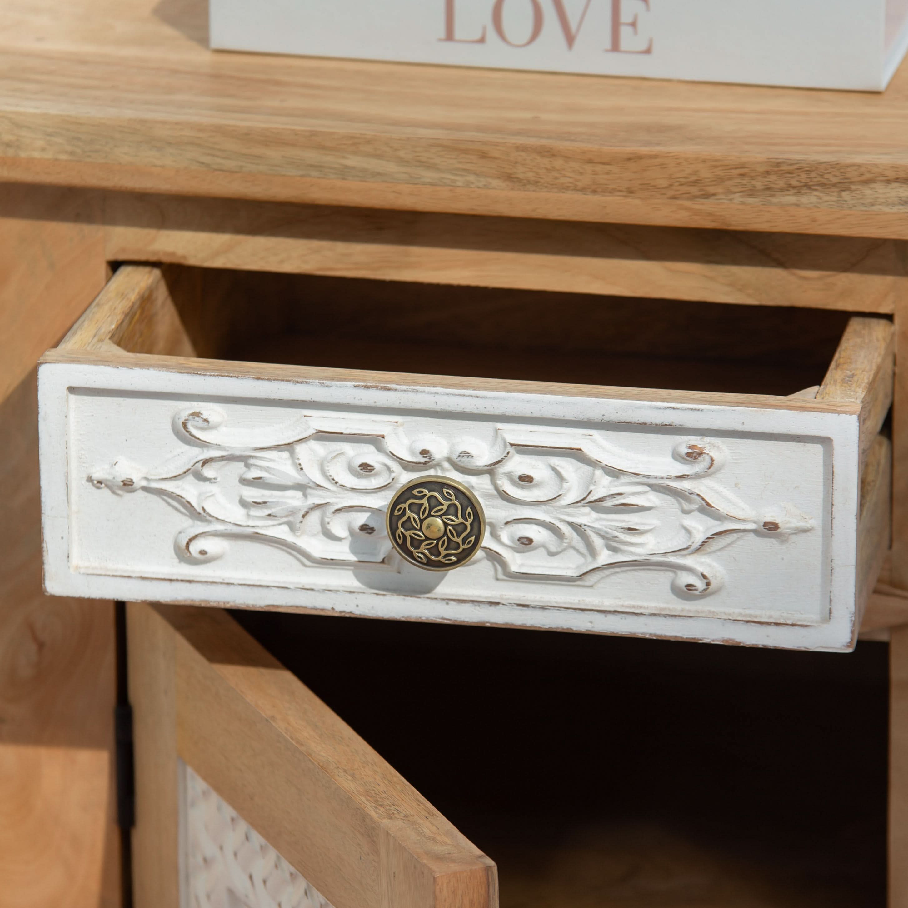 PUSHKAR WOODEN CARVING NIGHTSTAND TABLE - Art and craft furniture