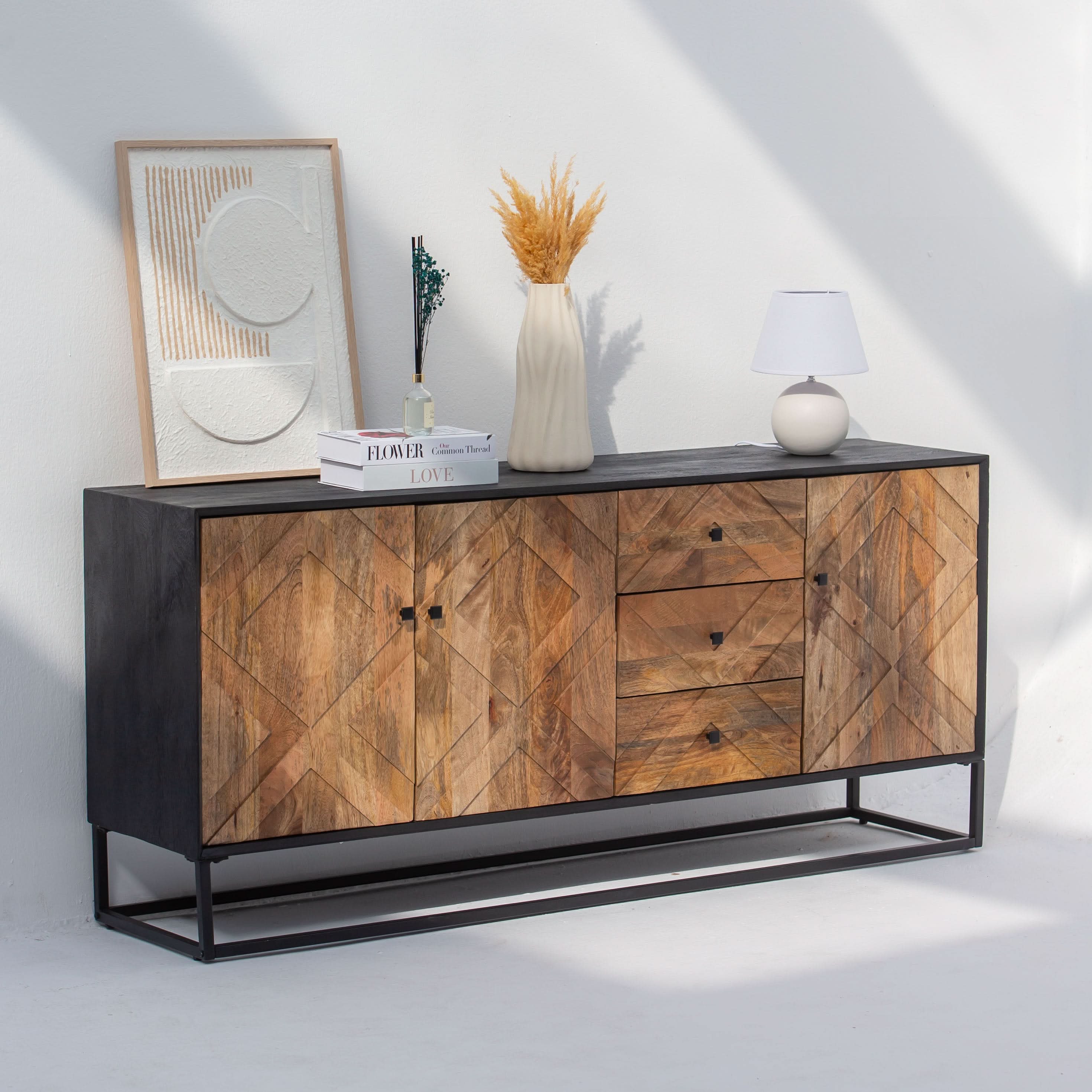 MORO WOODEN THREE DOOR THREE DRAWER SIDEBOARD - Art and craft furniture