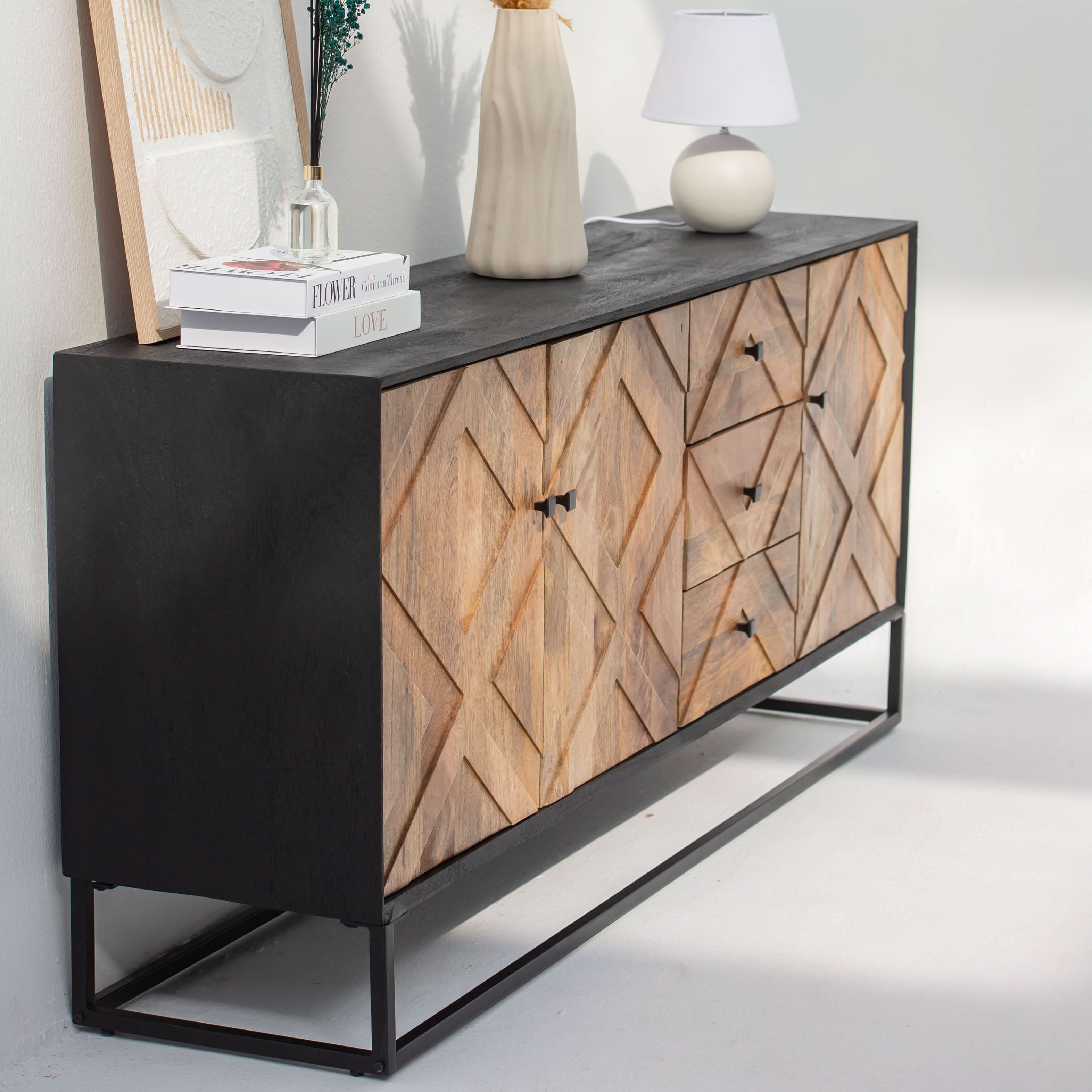 MORO WOODEN THREE DOOR THREE DRAWER SIDEBOARD - Art and craft furniture