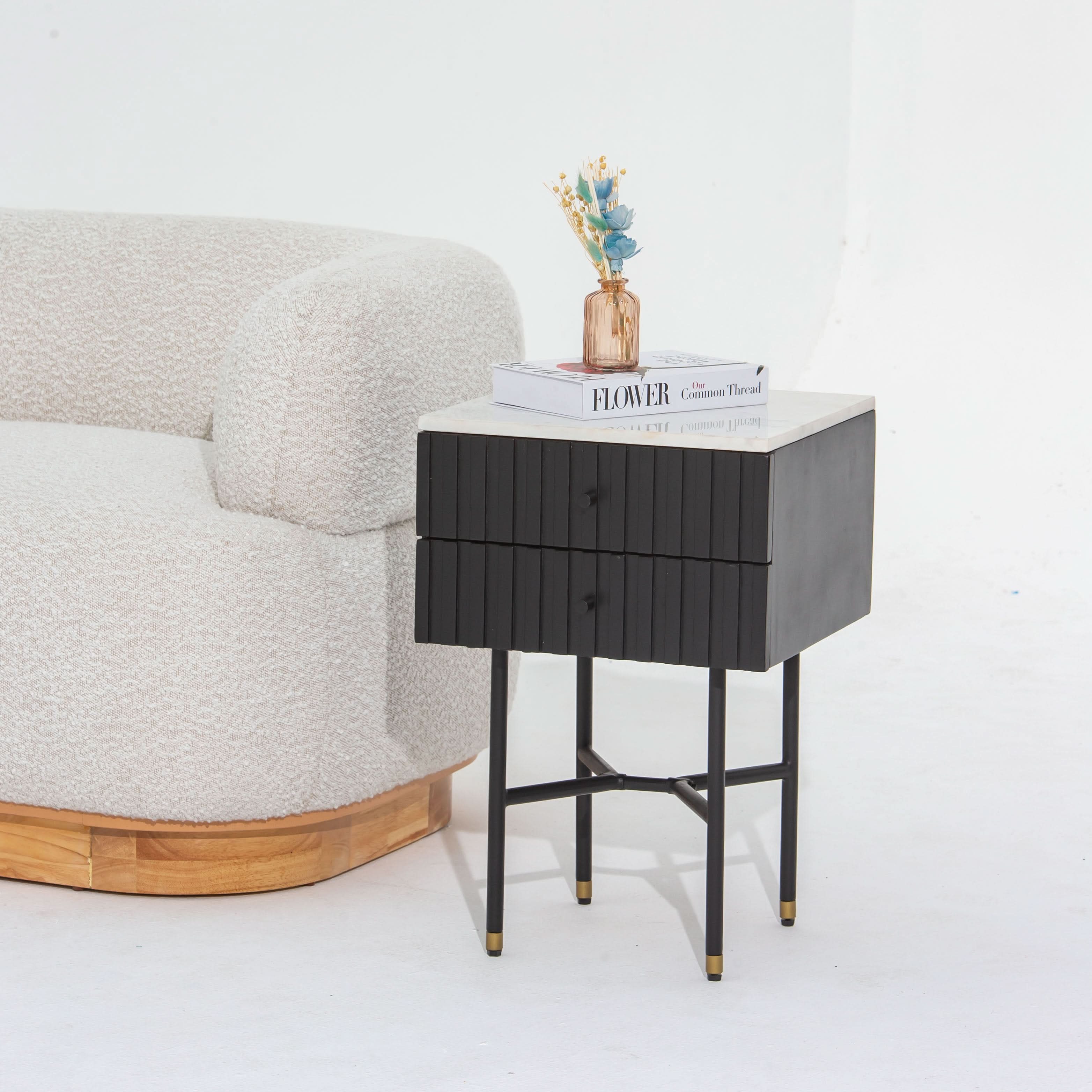 VANTA MARBLE TOP TWO DRAWER NIGHTSTAND TABLE - Art and craft furniture