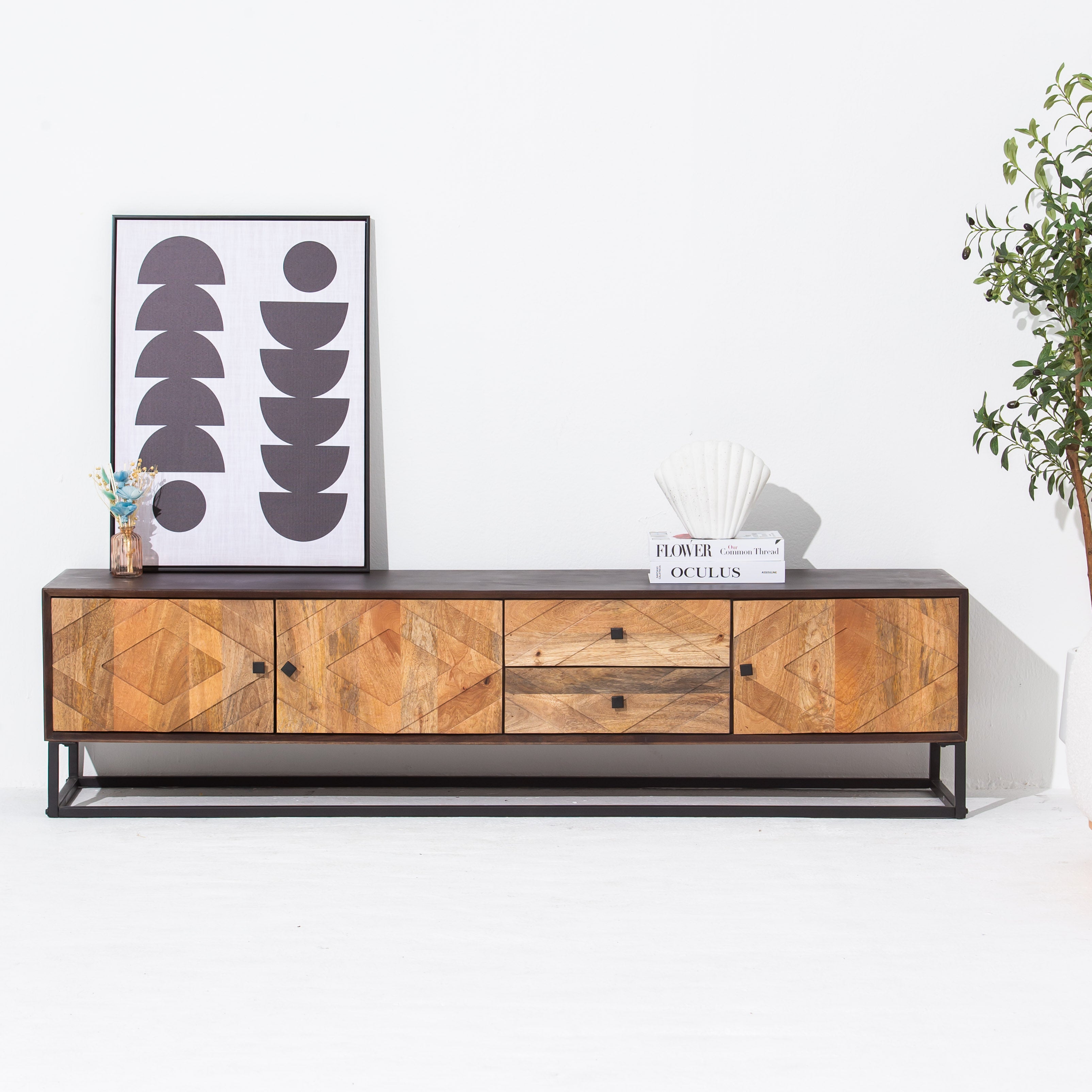 MORO WOODEN THREE DOOR TWO DRAWER TV STAND - Art and craft furniture